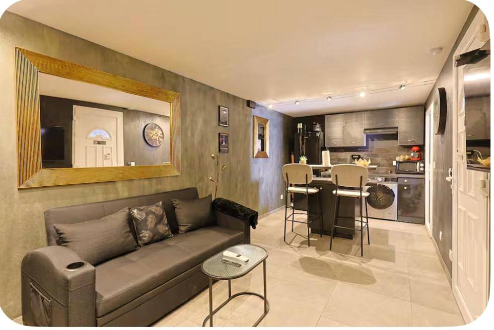 Salon avec canapé sombre et cuisine ouverte - Love Room Marseille - 13 Nuances De Grey