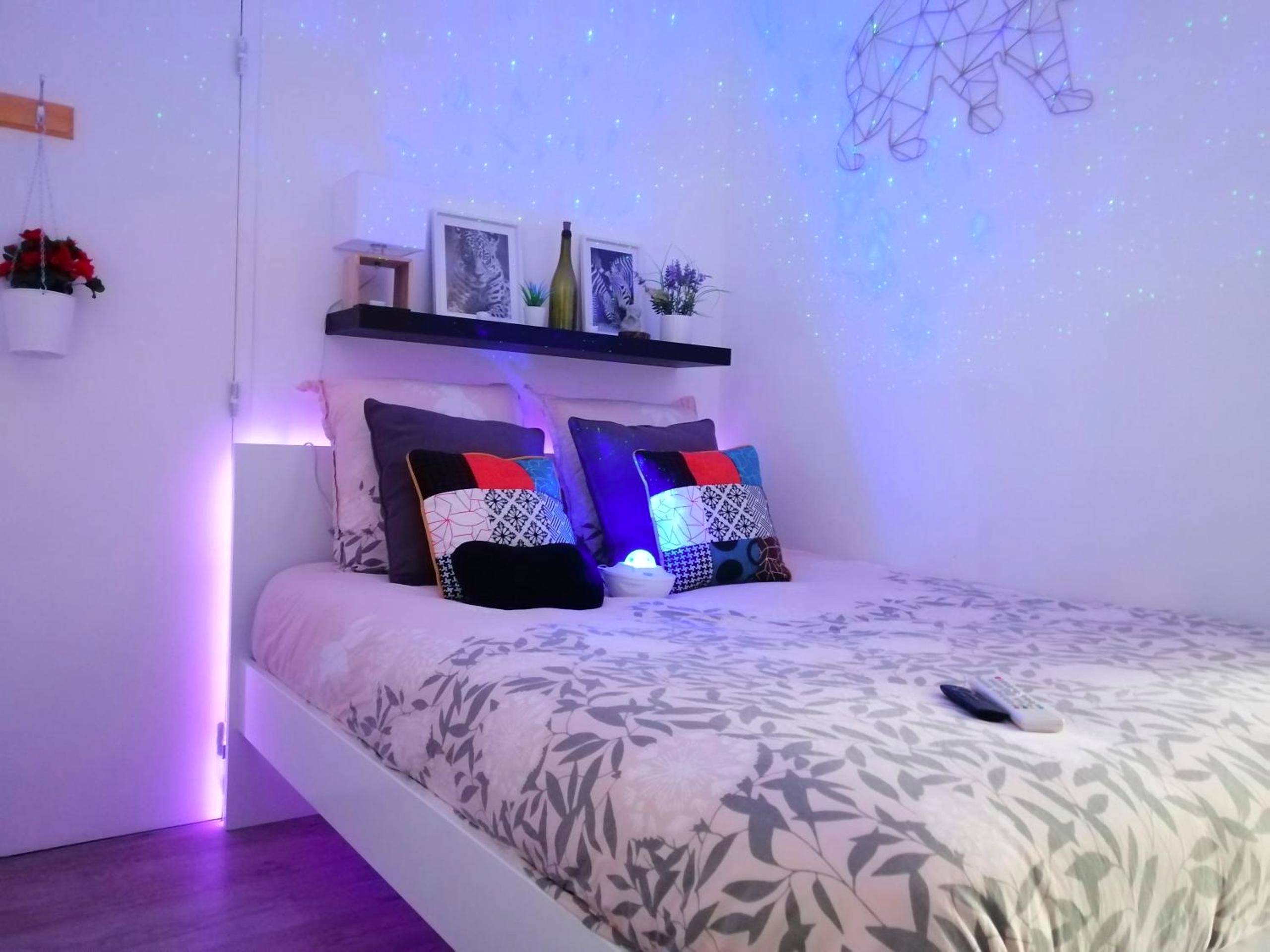Lit double avec éclairage tamisé violet et bleu - Le 1965 Double BALNEO, confort et romantique