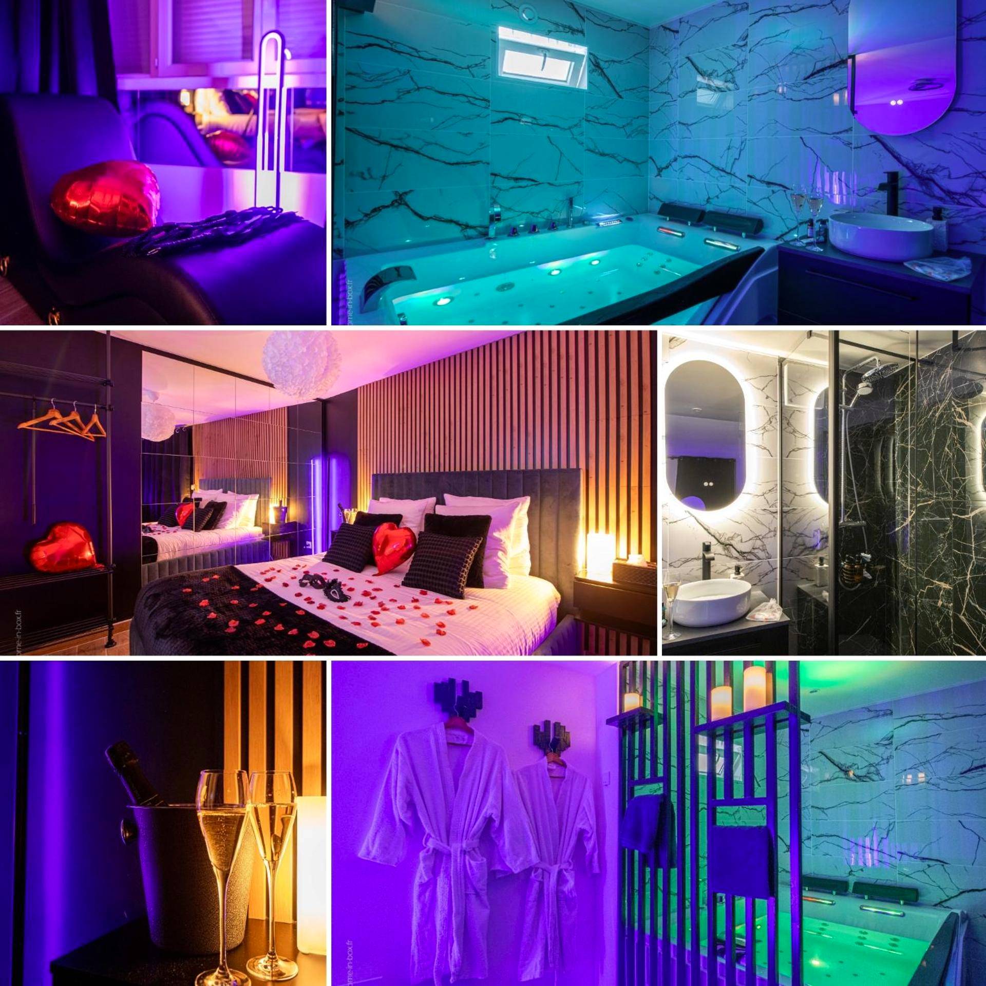 Lit double avec pétales de rose et ballons - Love Room Longjumeau - Love Room 91 avec Jacuzzi XXL - 15min Orly - 30 min Paris