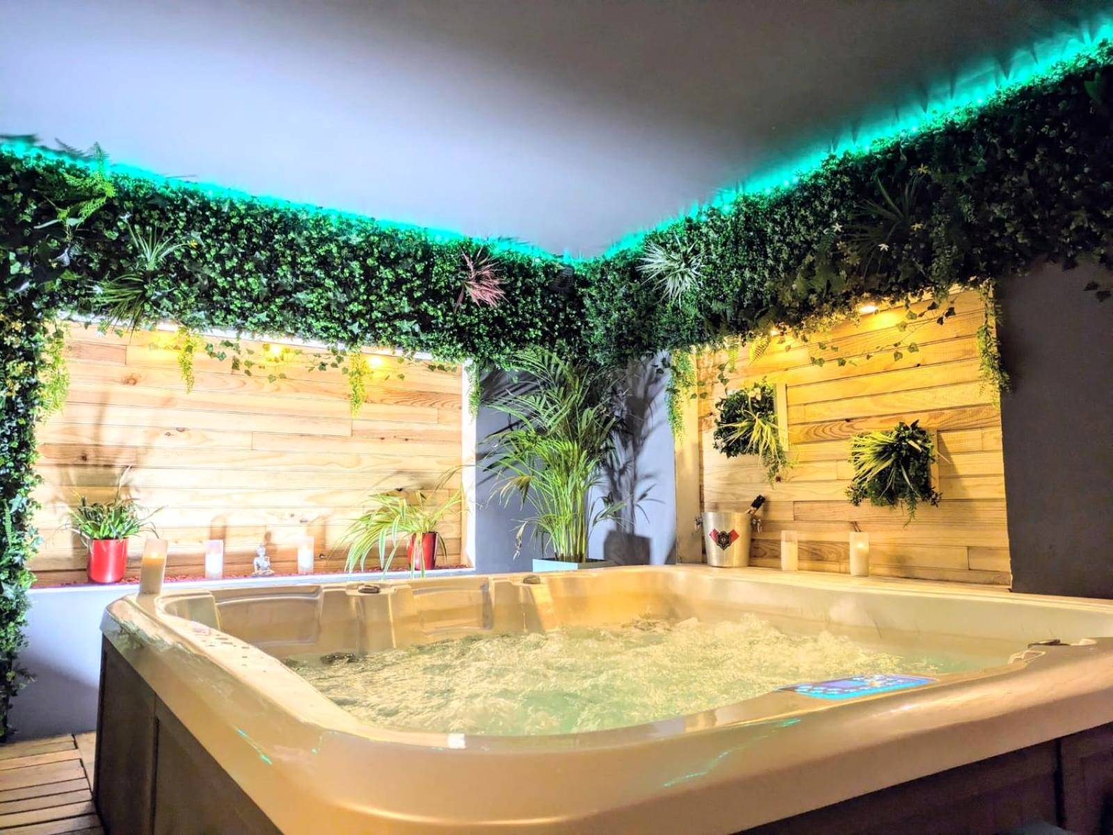 Bain à remous bouillonnant et mur de plantes - L'alcôve du 510 - Spa - chambre romantique - sauna - salle de jeux