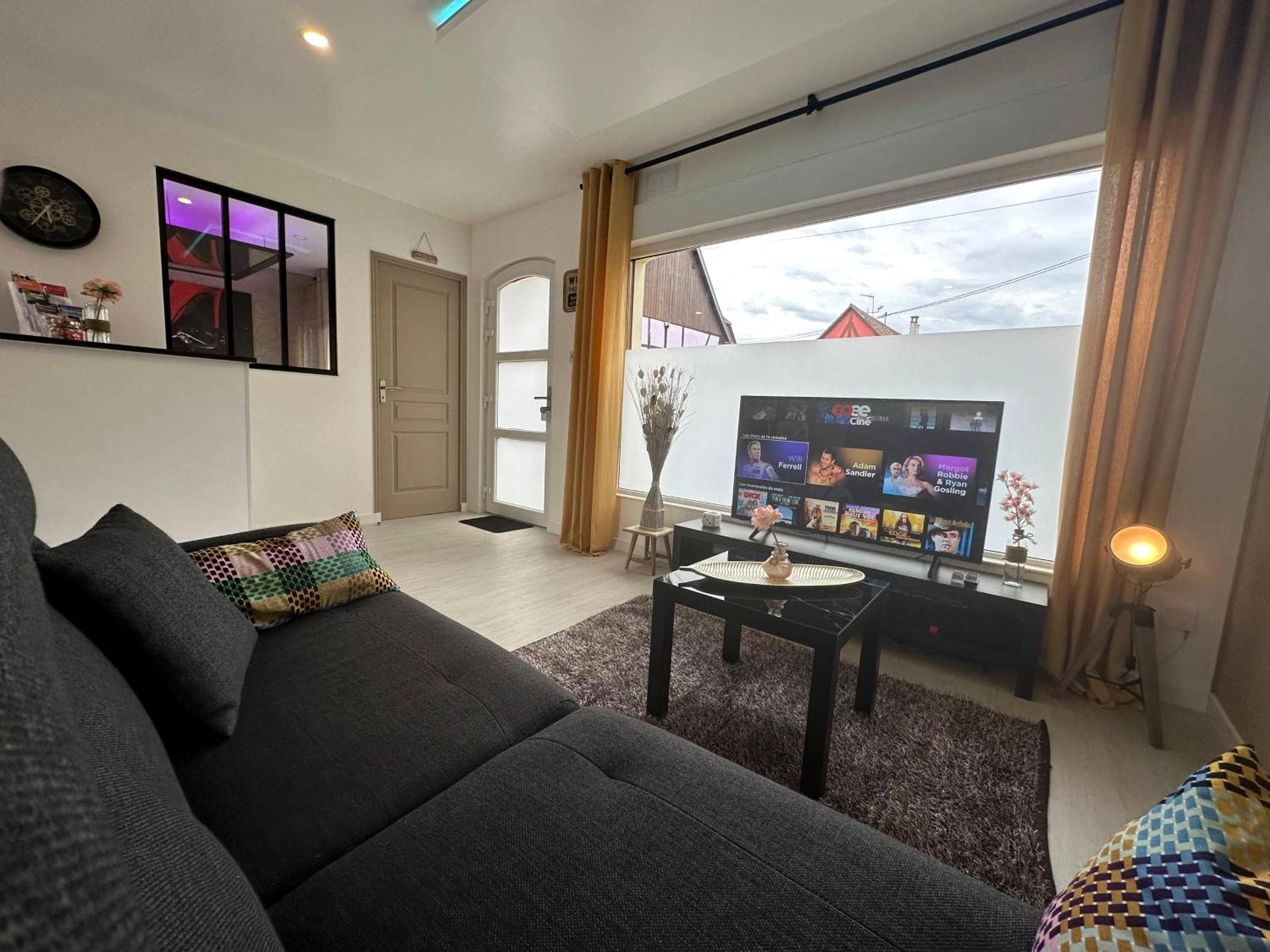 Salon avec canapé sombre et télévision - l'Aphrodite