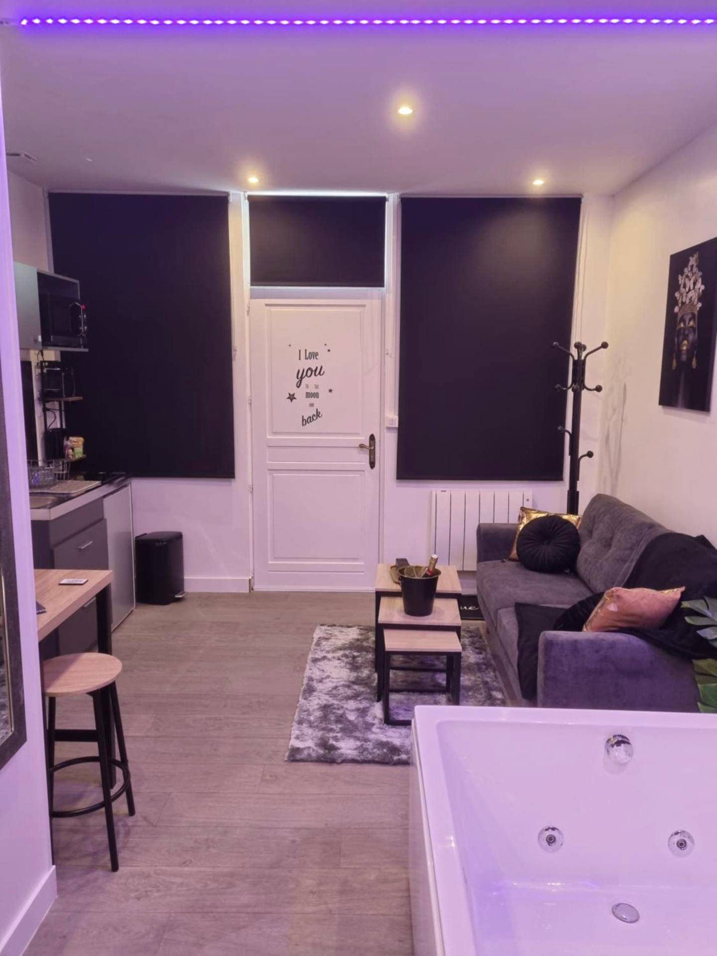 Salon avec canapé gris et vue sur le jacuzzi - appart spa 89
