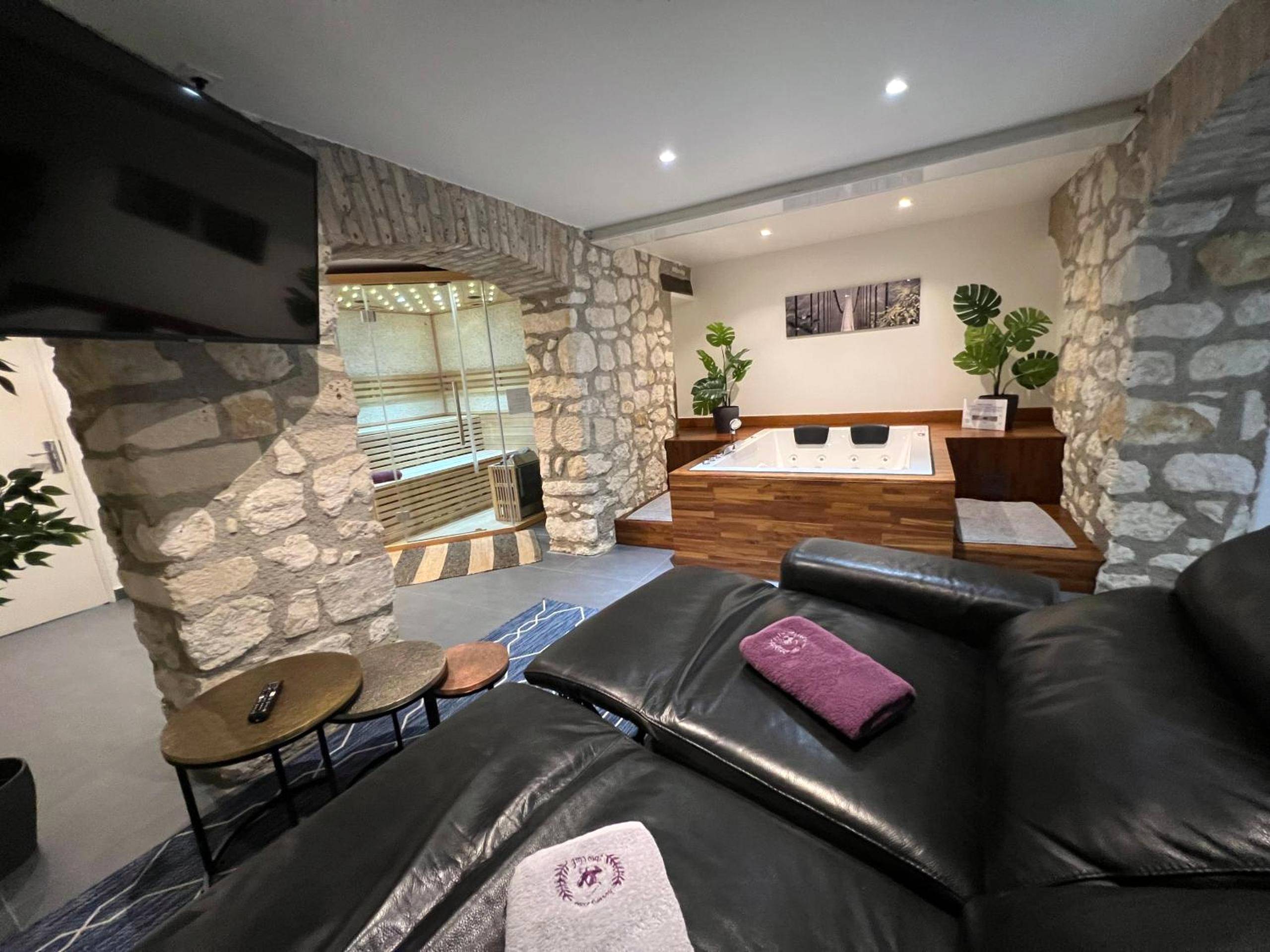 Salon avec canapé en cuir et vue sur le sauna - Appart Spa Privatif