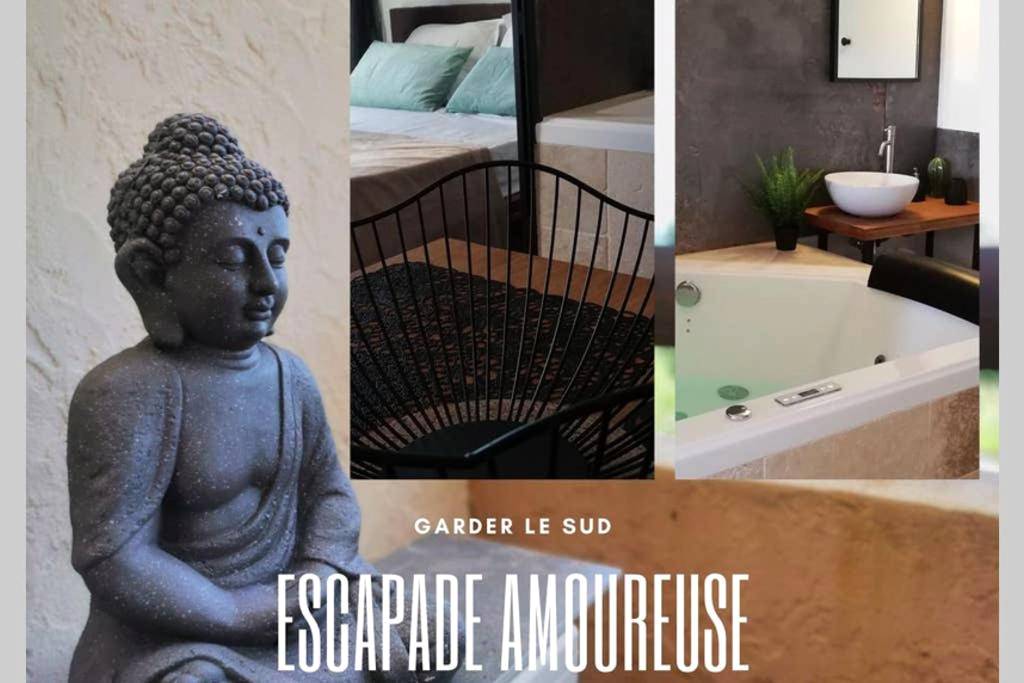 Montage photo avec statue de Bouddha et jacuzzi - "The Love Room Bandol" Jacuzzi & Vue Mer