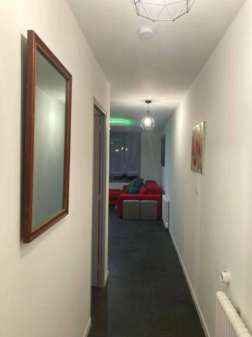 Couloir d'entrée avec miroir et vue sur salon - Bel appart stylé avec jacuzzi