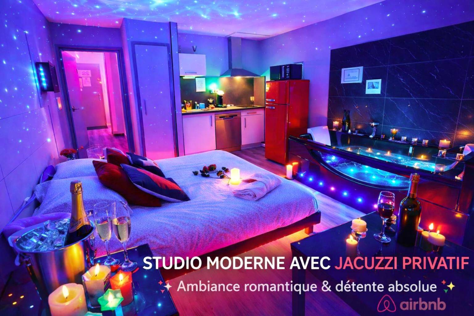 Studio avec lit, jacuzzi et cuisine équipée - Love Room Biscarrosse - Grand Studio BISCARROSSE PLAGE Une nuit A 2 avec...