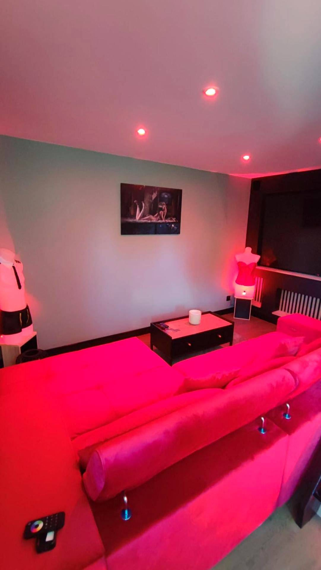 Salon moderne avec canapé rose et mannequins - Deauville Bonny and clyde room