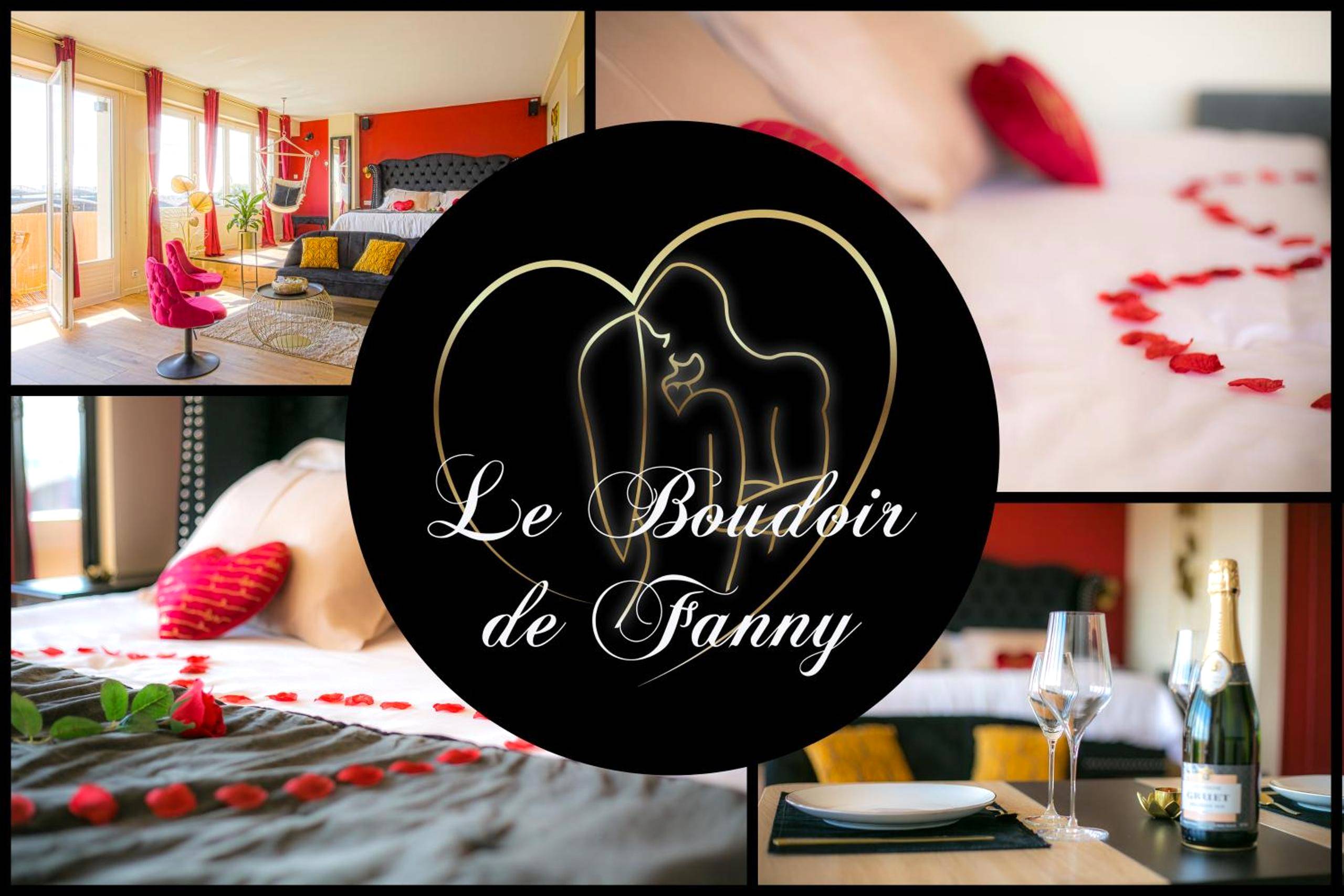 Vue d'ensemble de la suite avec lit king size - Love Room Le Havre - Le Boudoir de Fanny - Sauna/Balnéo/ciné/Hamacs