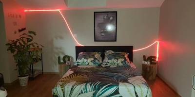 Lit double avec parure tropicale et néon rouge - Bulles étoilées Appartement avec jacuzzi privé