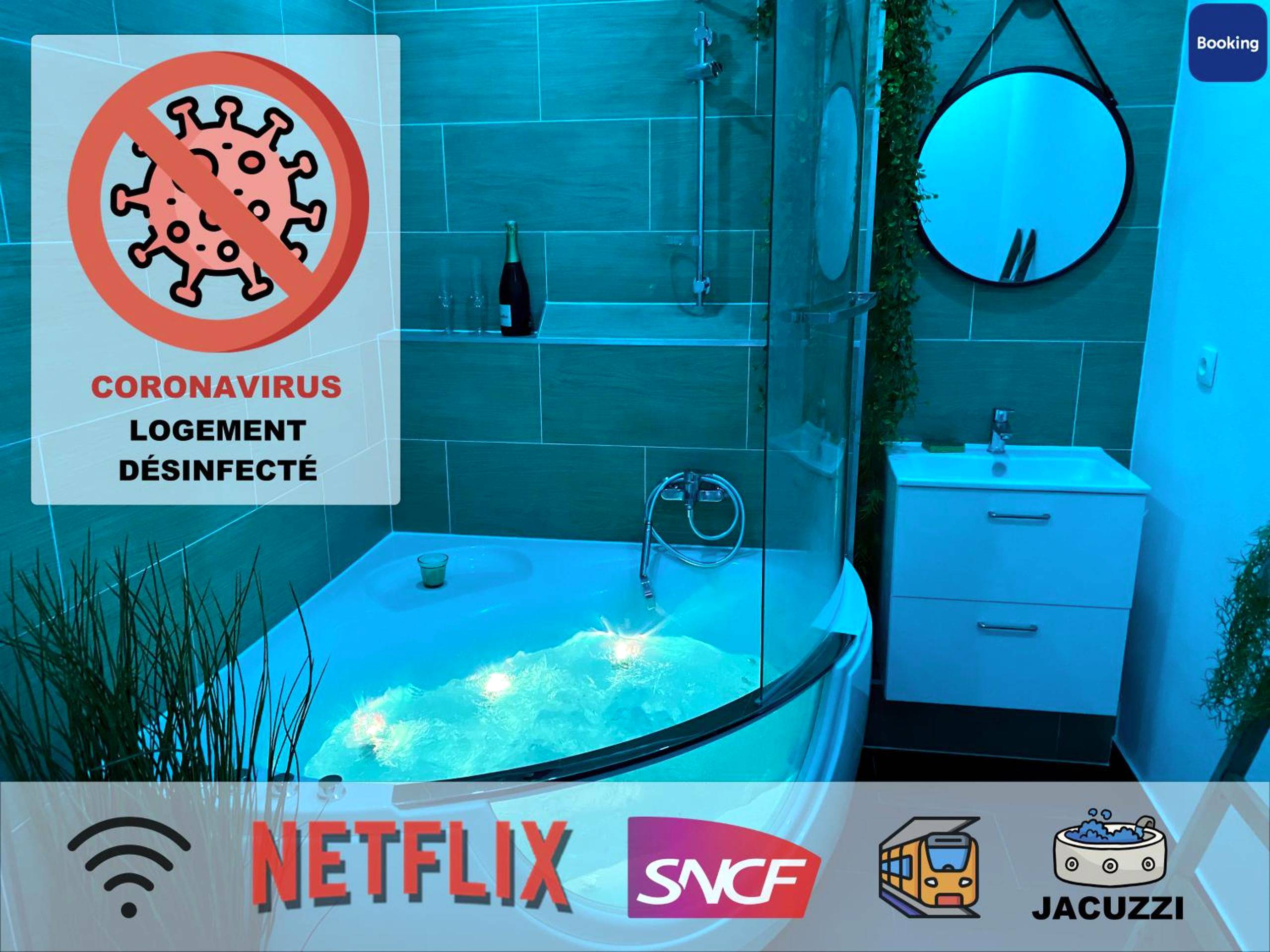 Jacuzzi privatif avec éclairage bleu néon - Love Room Rouen - La cabane voyage
