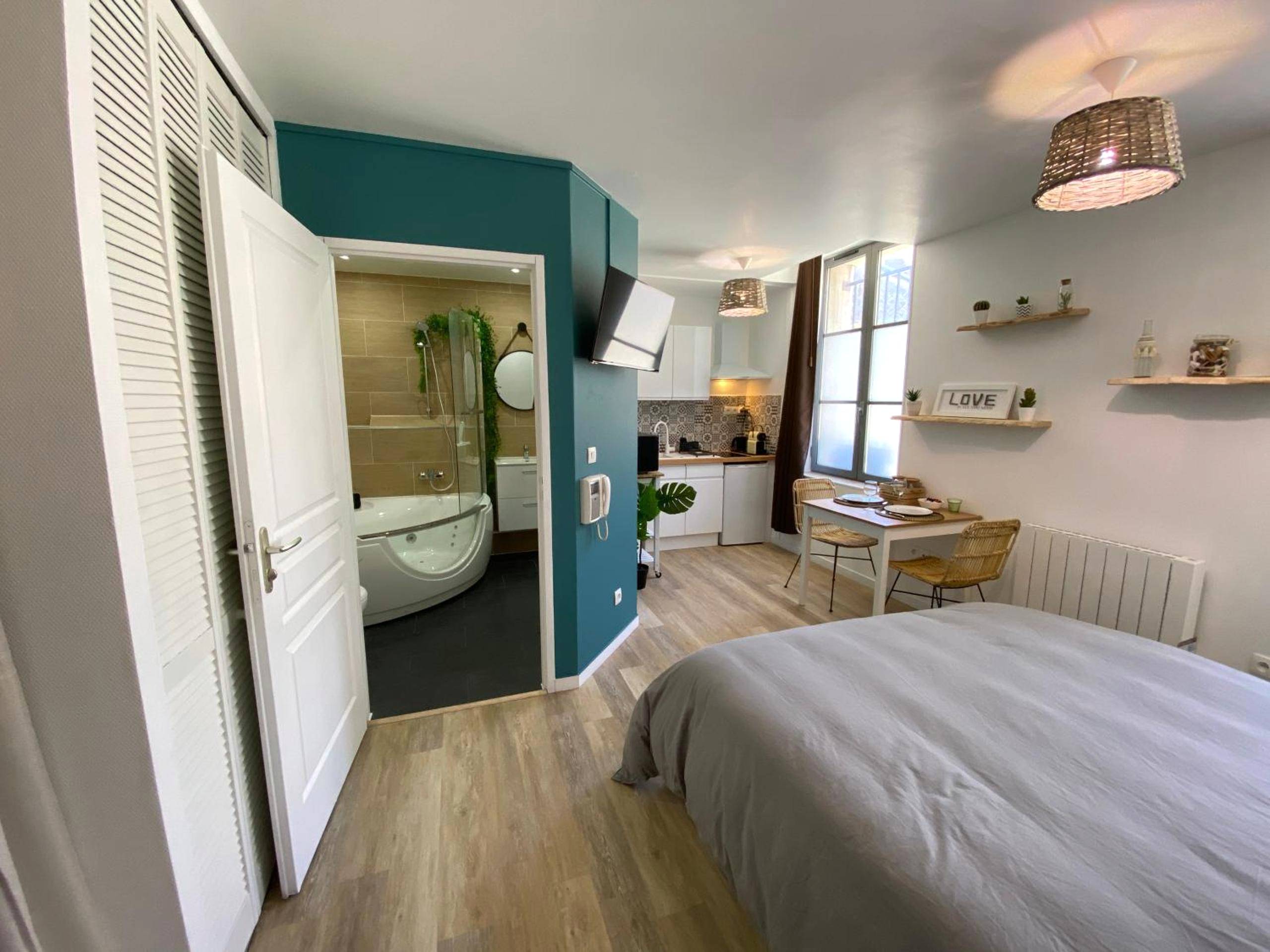 Vue d'ensemble du studio avec coin nuit et bain - La cabane voyage