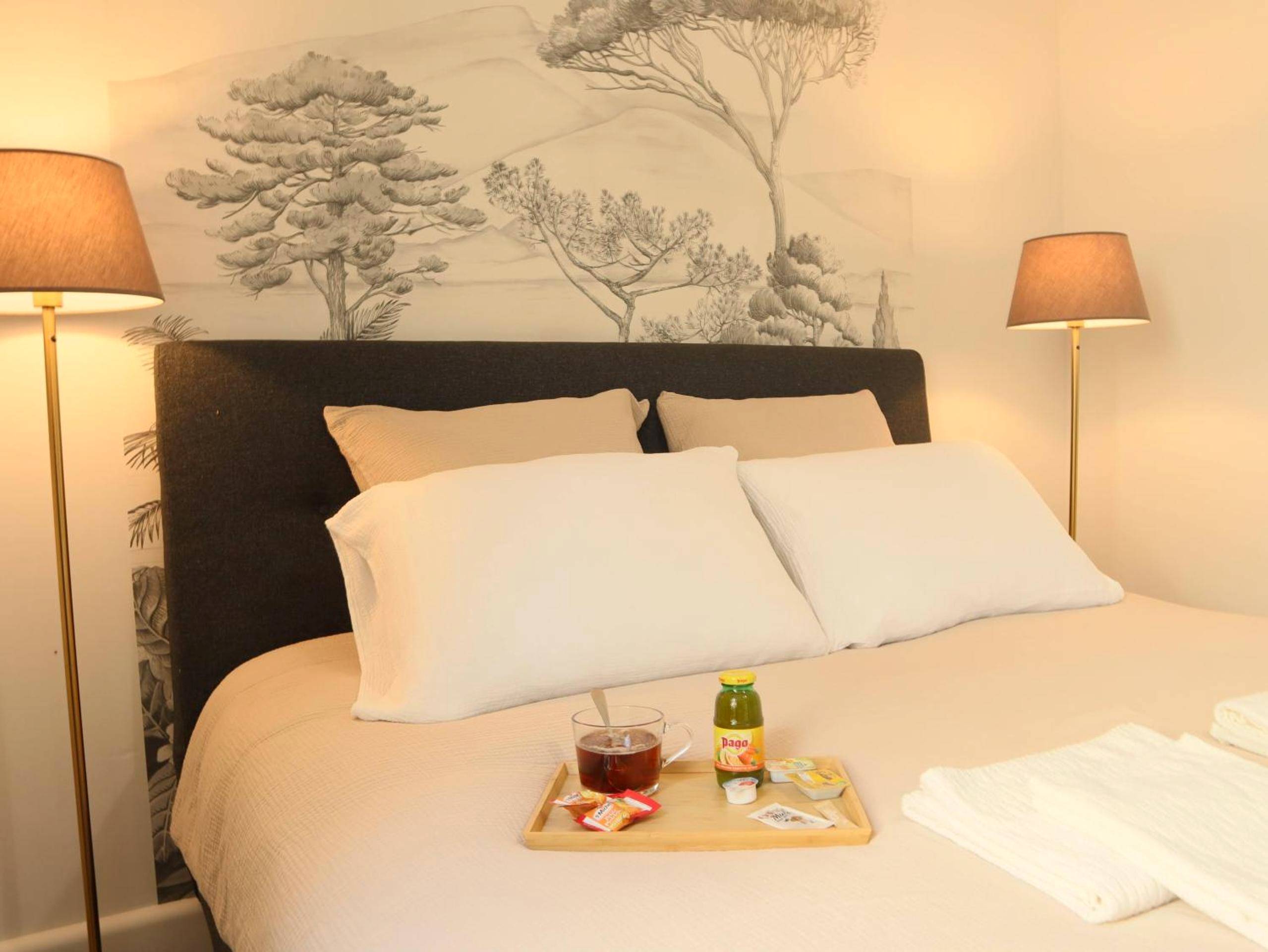 Lit double avec plateau petit - déjeuner - les Cachottiers Montélimar