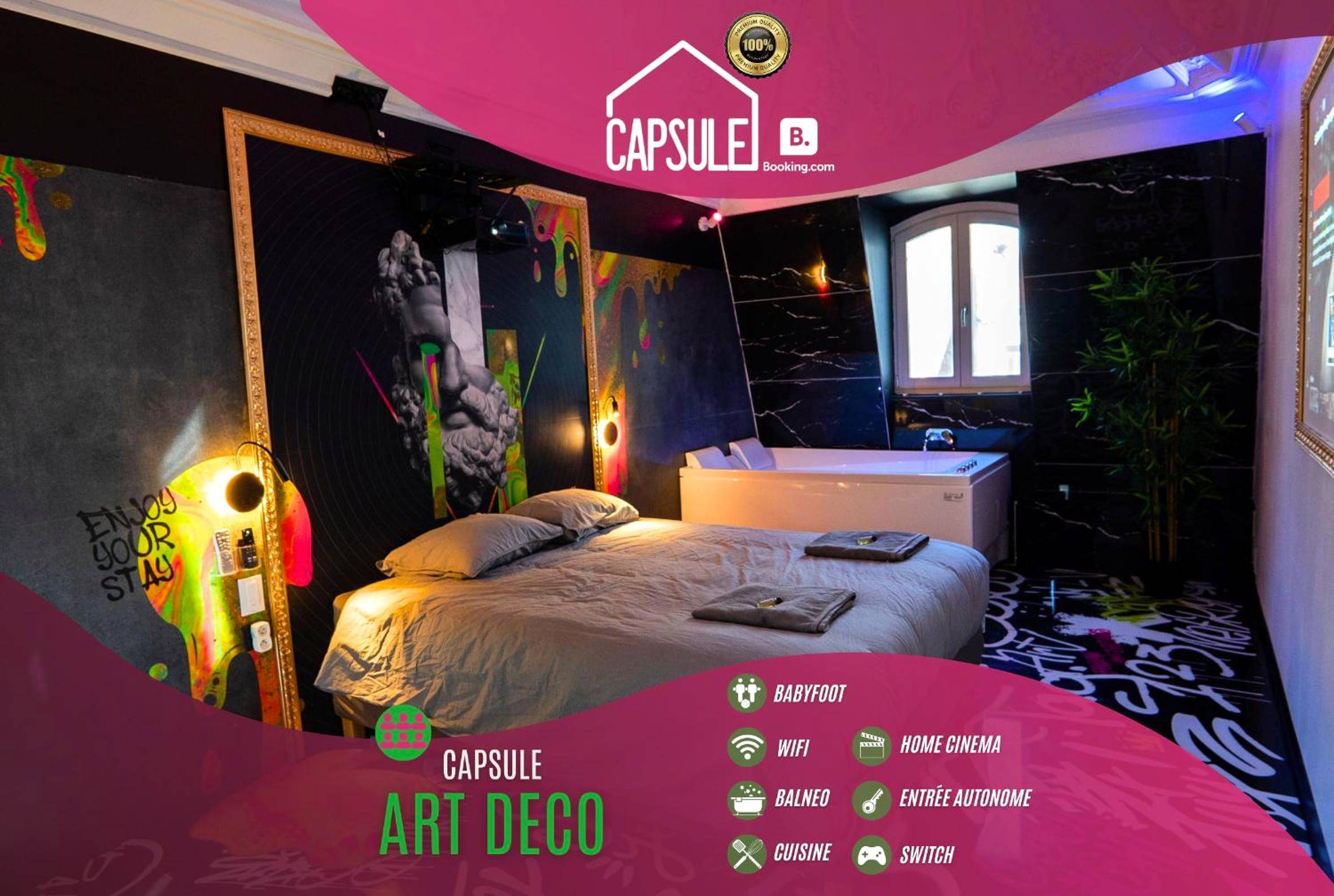 Chambre avec lit double et baignoire balnéo - Love Room Valenciennes - Capsule Art Déco - Jacuzzi - Netflix - Home...
