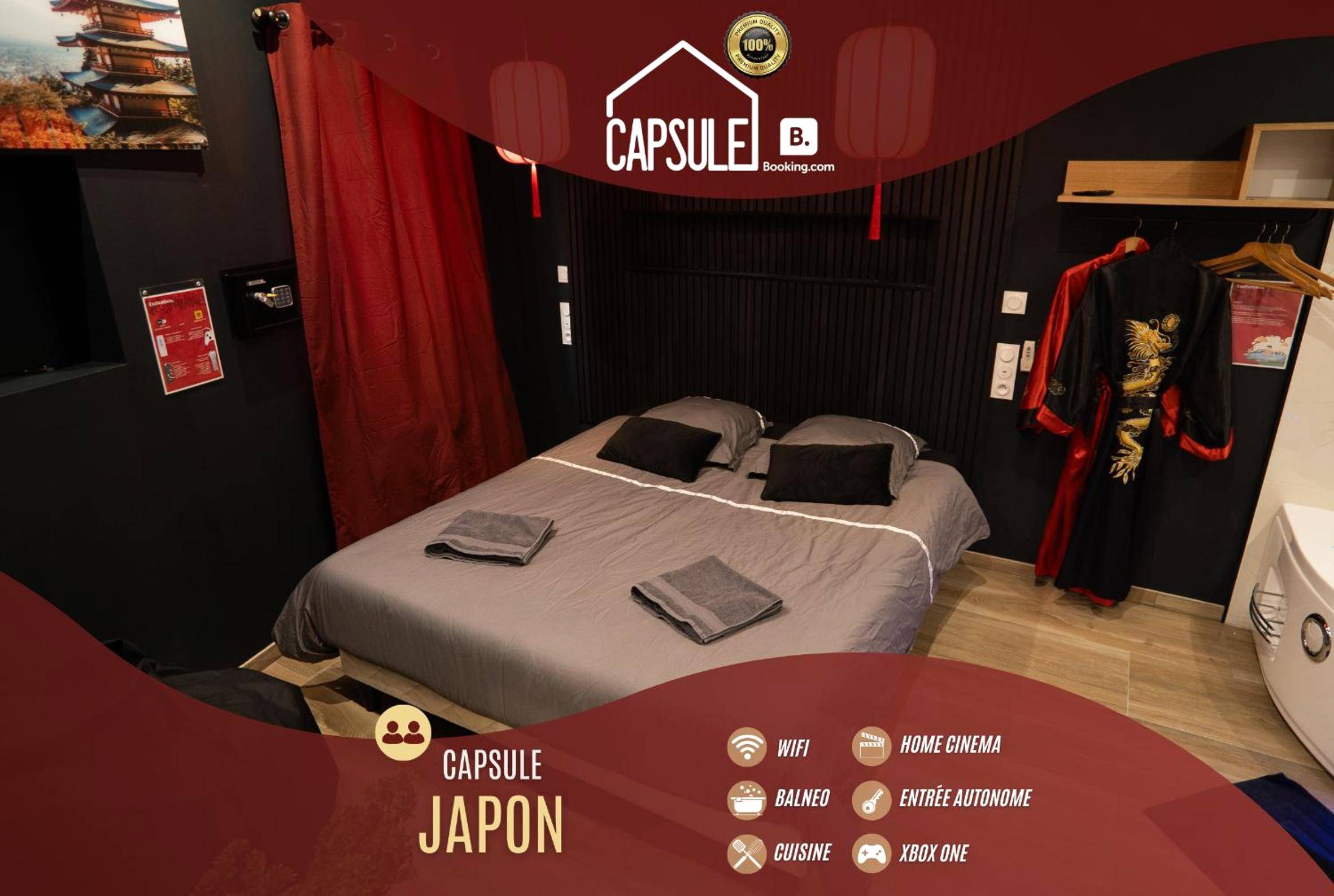 Lit double avec kimonos et décoration japonaise - Love Room Trith - Saint - Léger - Capsule Japon - Jacuzzi - Netflix &...