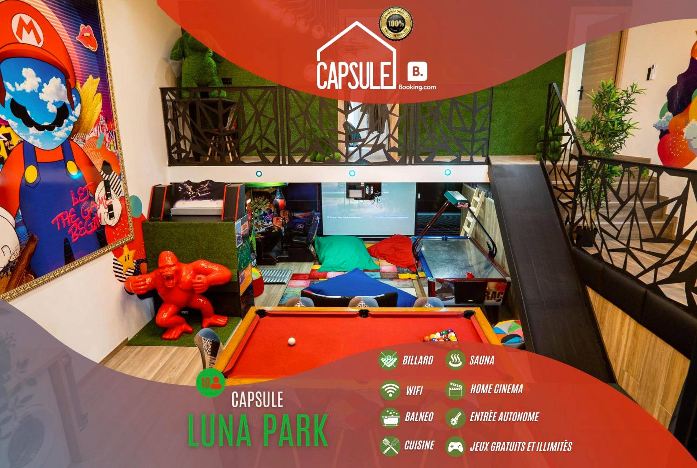 Salle de jeux avec billard et mezzanine - Love Room Valenciennes - Capsule Luna Park - Jacuzzi - Sauna - Jeux & Arcades...