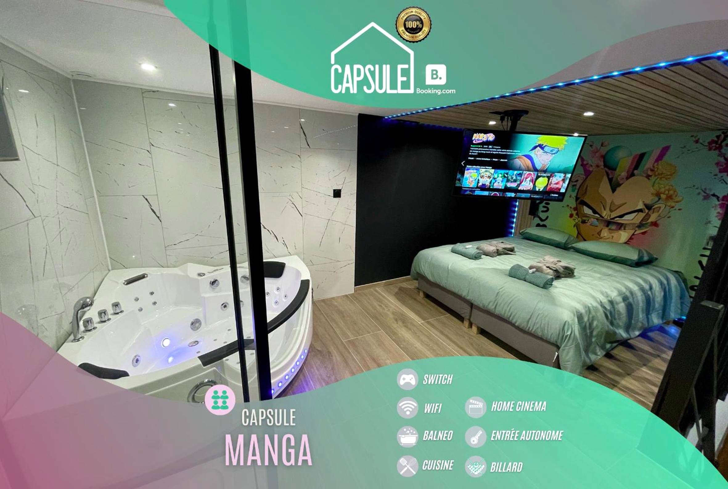 Jacuzzi privatif et lit avec fresque manga - Love Room Valenciennes - Capsule Manga - Jacuzzi - Billard - Nintendo...