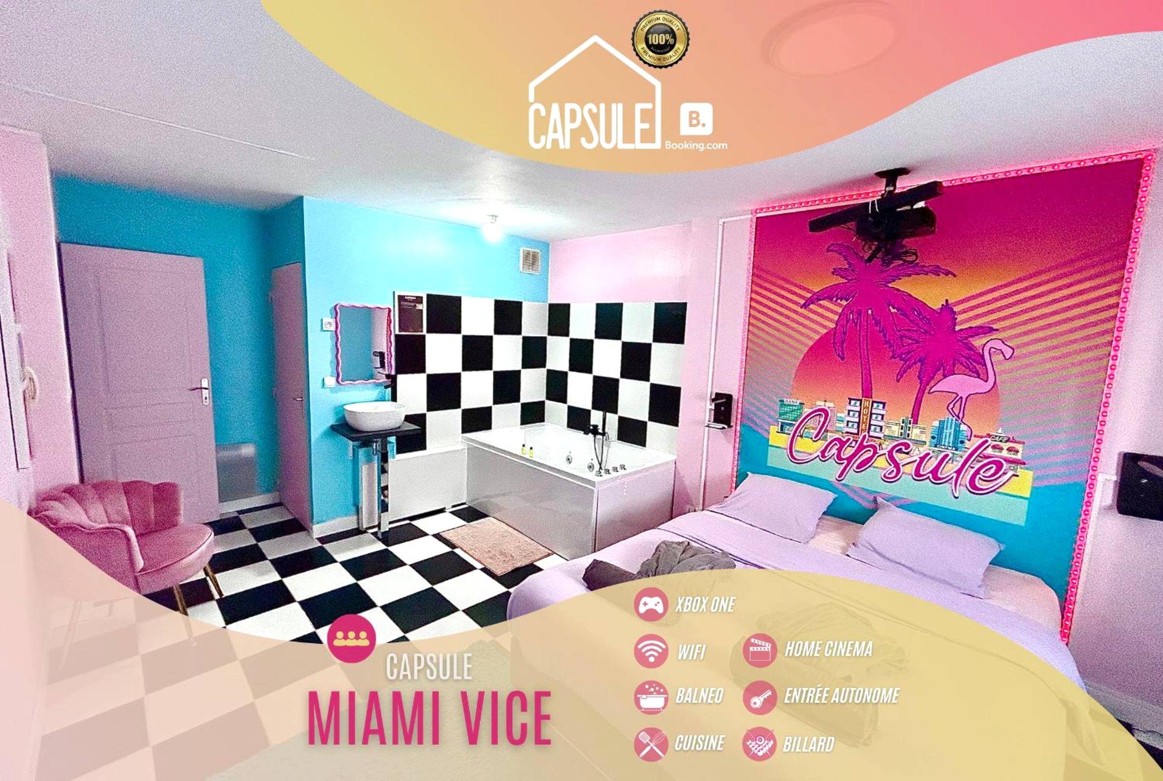 Suite thématique avec lit double et balnéo - Love Room Liévin - Capsule Miami Vice - Jacuzzi - Billard - Ecran cinéma &...