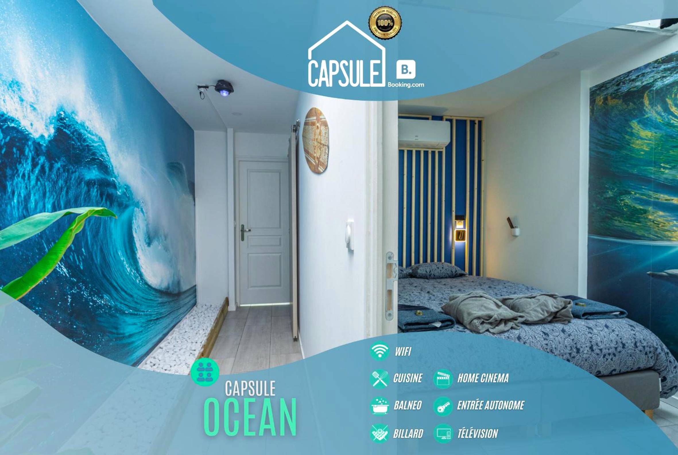 Couloir avec fresque marine et vue sur la chambre - Love Room Valenciennes - Capsule océan - Jacuzzi - Billard - Netflix...