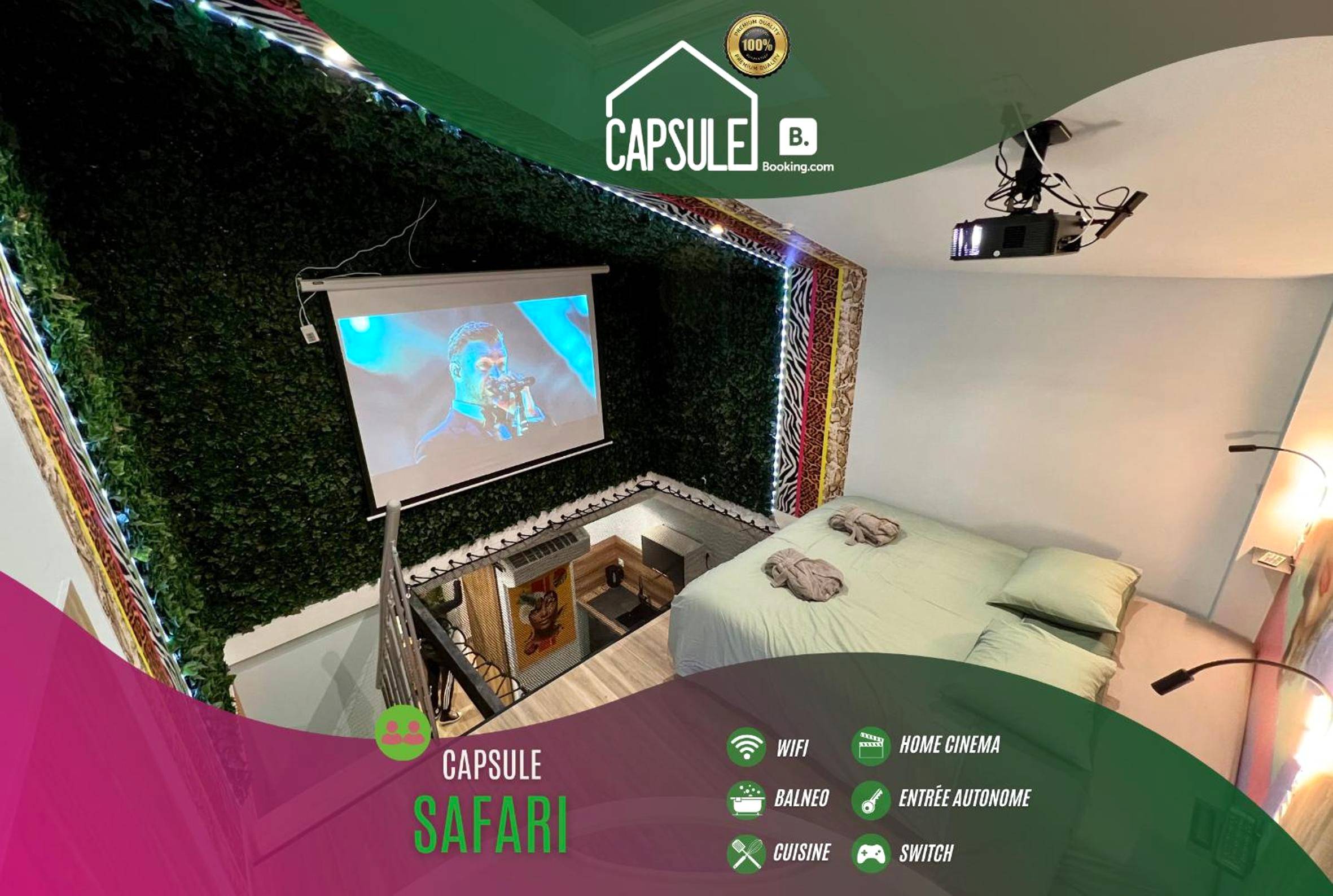 Vidéoprojecteur et écran face au lit - Love Room Douai - Capsule Safari - Jacuzzi - Nintendo Switch - Netflix & Home...