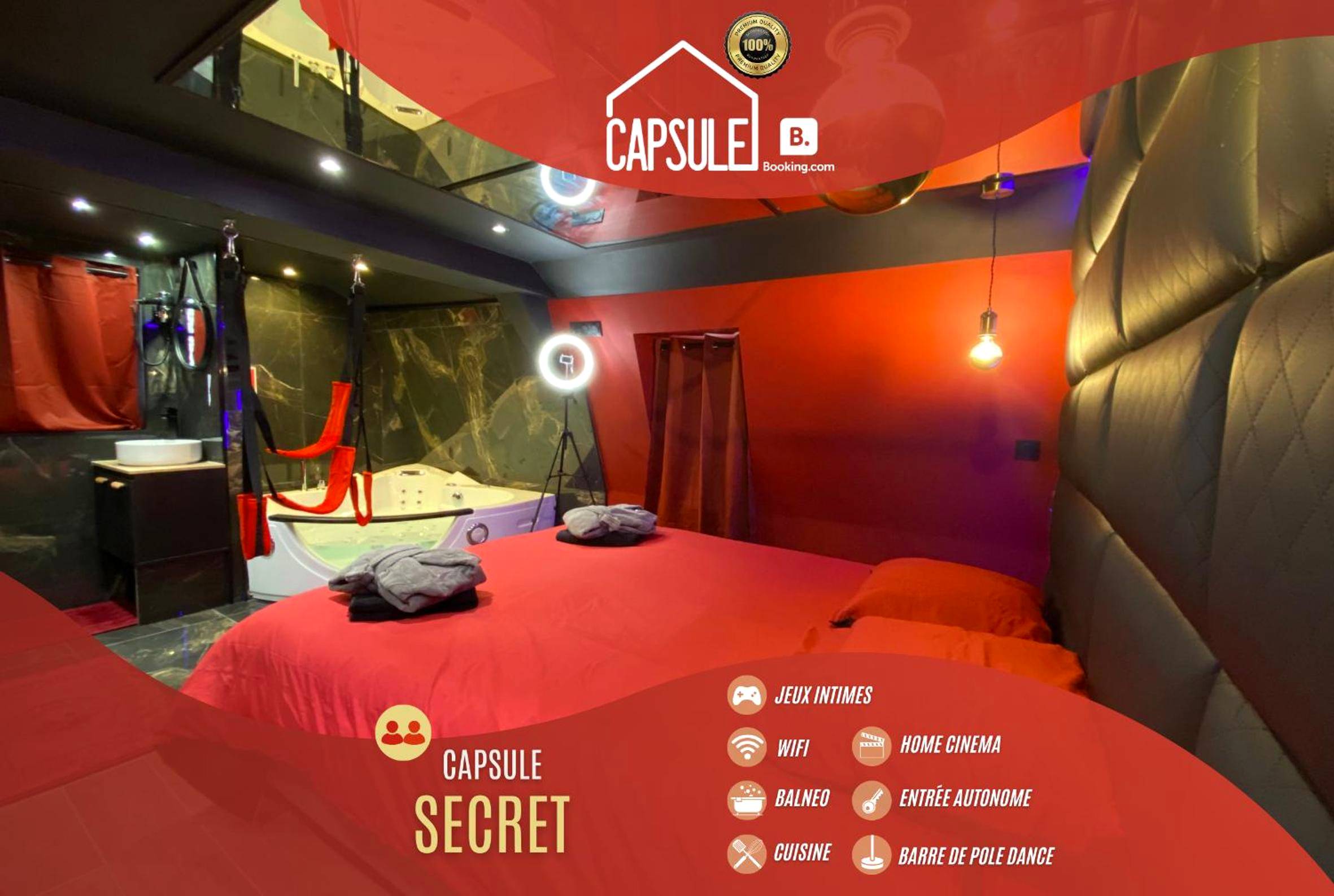 Chambre rouge avec lit king size et balancelle - Love Room Préseau - Capsule Secret - Jacuzzi - Netflix & Home cinéma -...