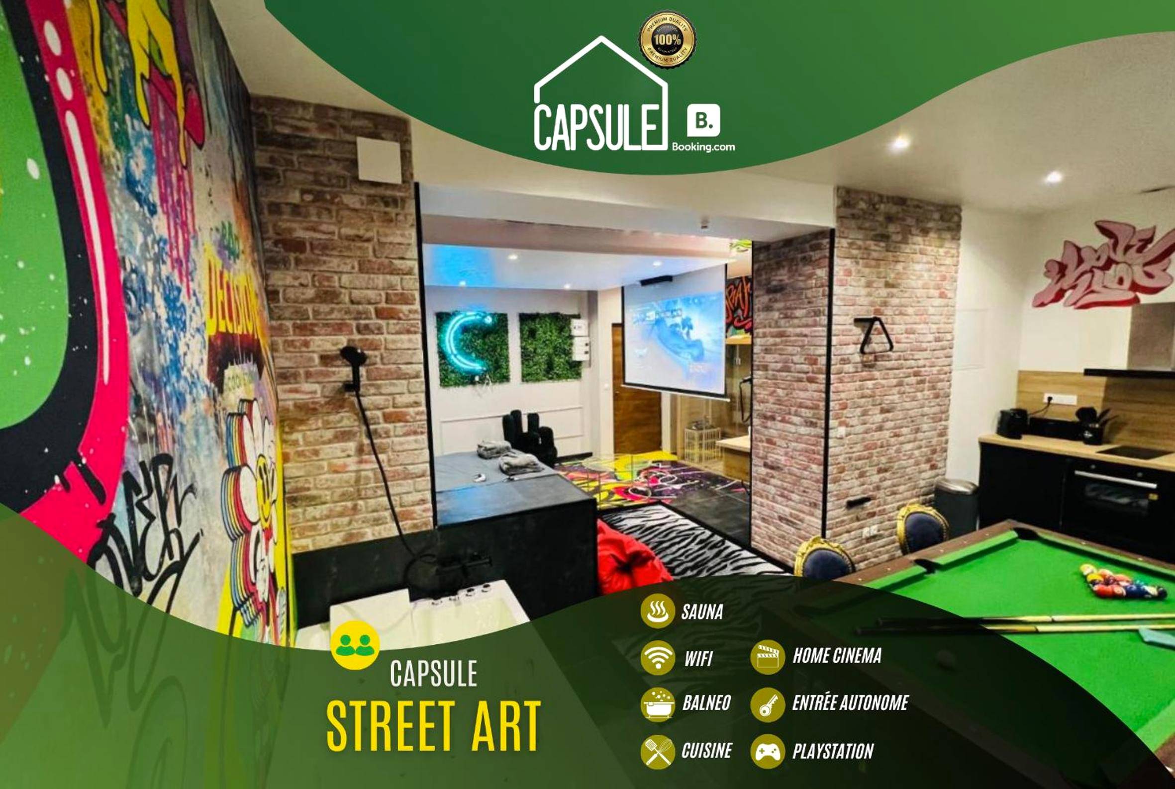 Vue d'ensemble avec billard et balnéo - Love Room Douai - Capsule Street Art - Sauna - Jacuzzi - Playstation 5 - Billard...