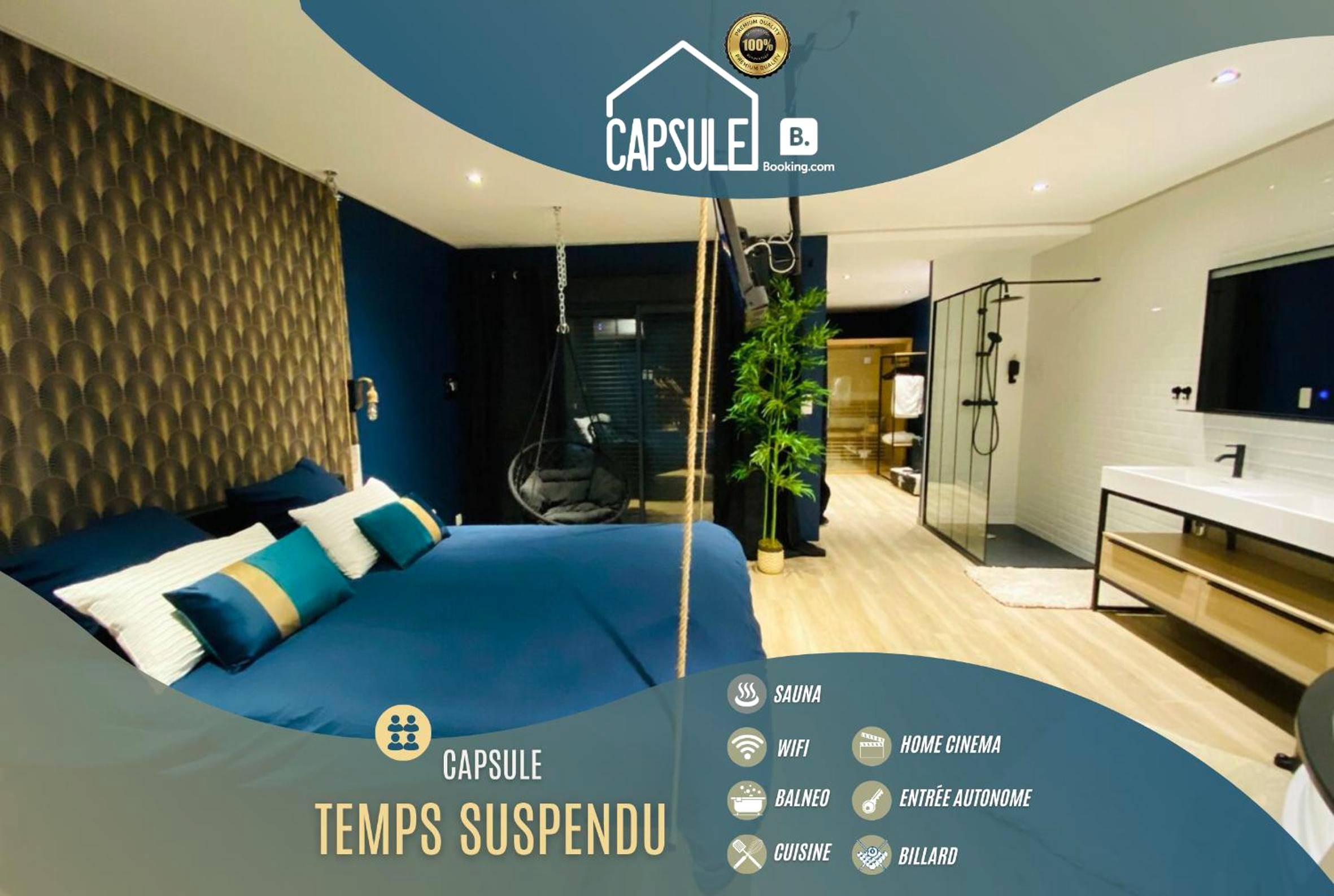Suite avec lit king size et douche ouverte - Love Room Valenciennes - Capsule Temps suspendu - balnéo, home cinema & billard