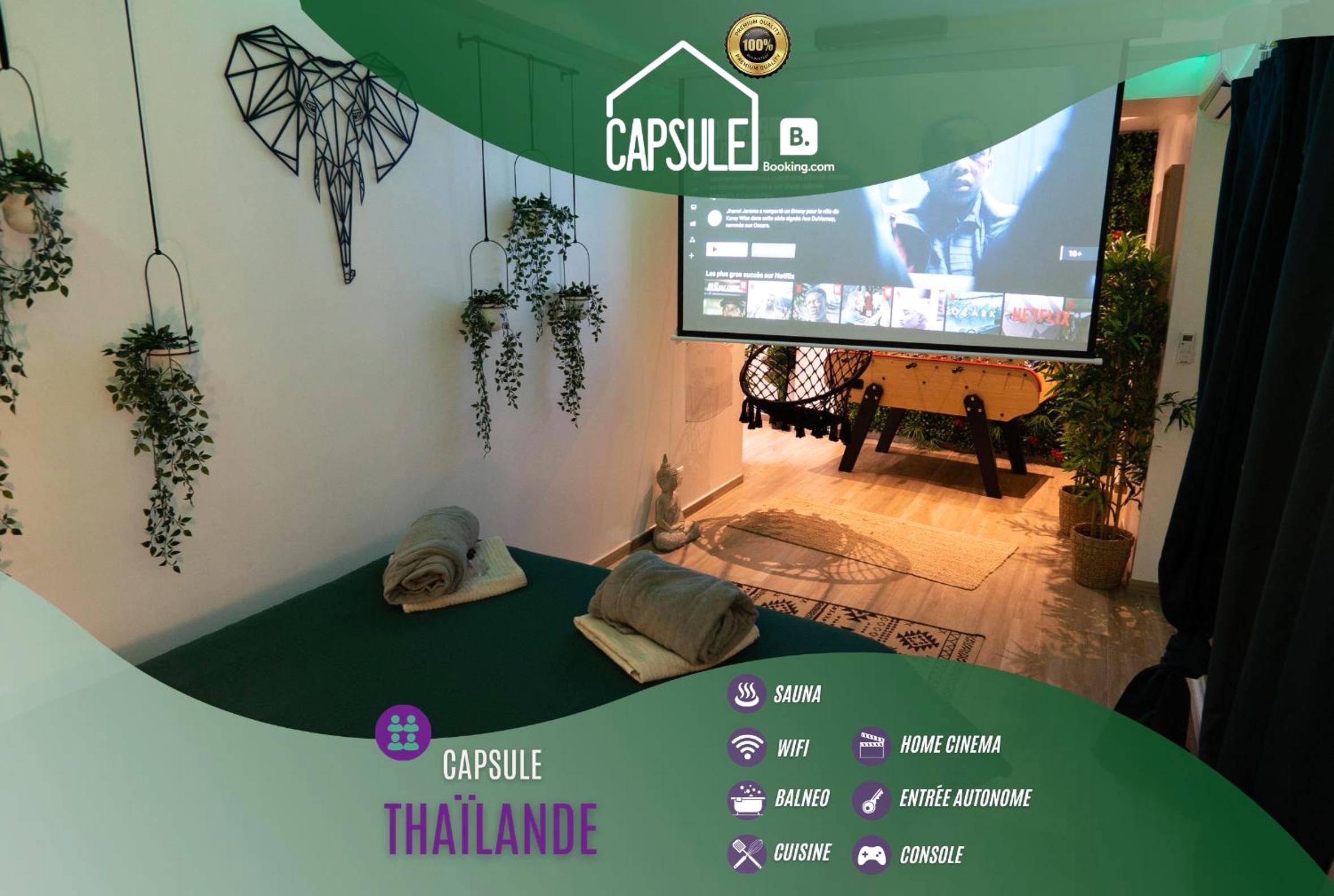 Écran géant de home cinéma et baby - foot - Love Room Trith - Saint - Léger - Capsule Thailande I Sauna I Balnéo I...