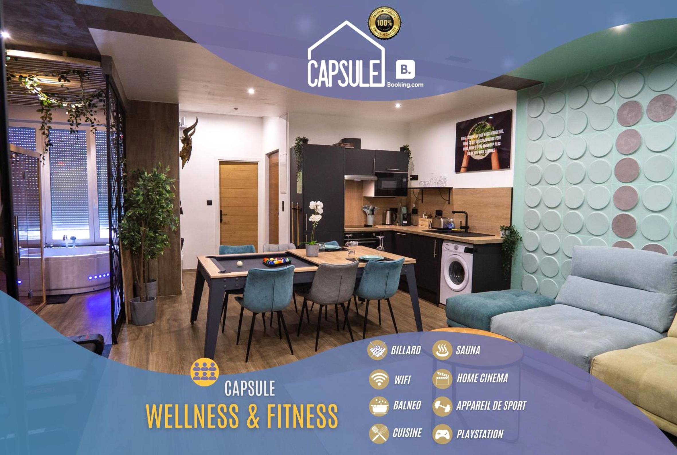 Espace de vie avec billard et cuisine équipée - Love Room Valenciennes - Capsule Wellness - sauna - balneo - machine de...
