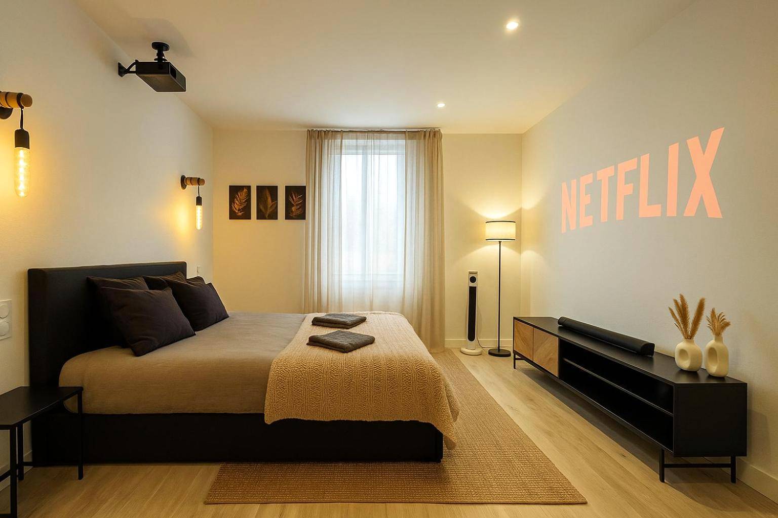 Chambre avec lit king size et vidéoprojecteur - Love Room Saint - Étienne - Cinéma & Jacuzzi aux Étoiles - CasaBianca Suite