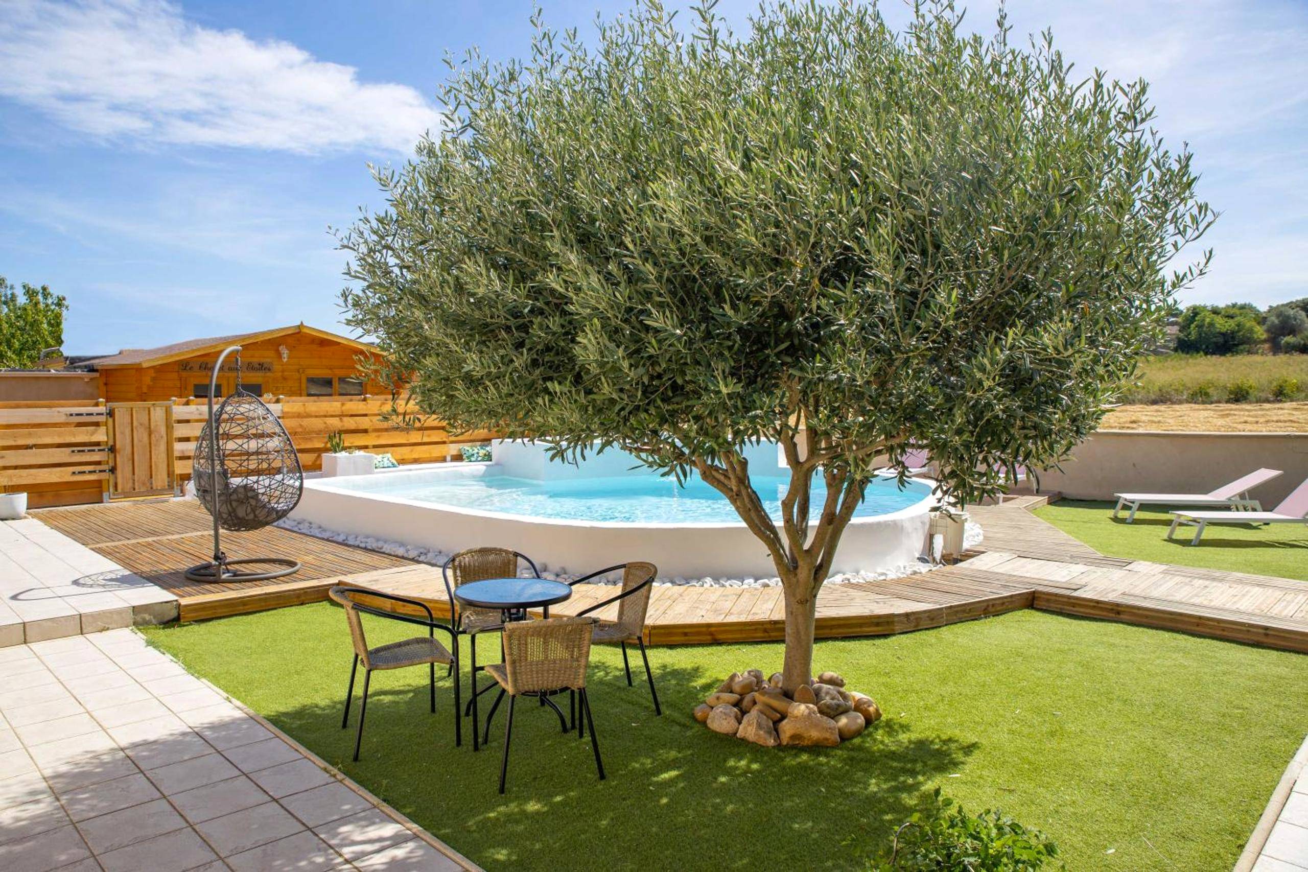 Piscine extérieure avec terrasse et olivier - Love Room Pézenas - Le chalet aux Etoiles Spa & Sauna
