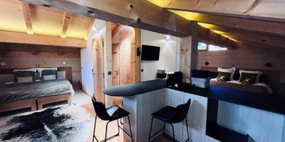 Espace de vie ouvert avec bar et deux lits - Chalet Inarpa - Appartements et Suites
