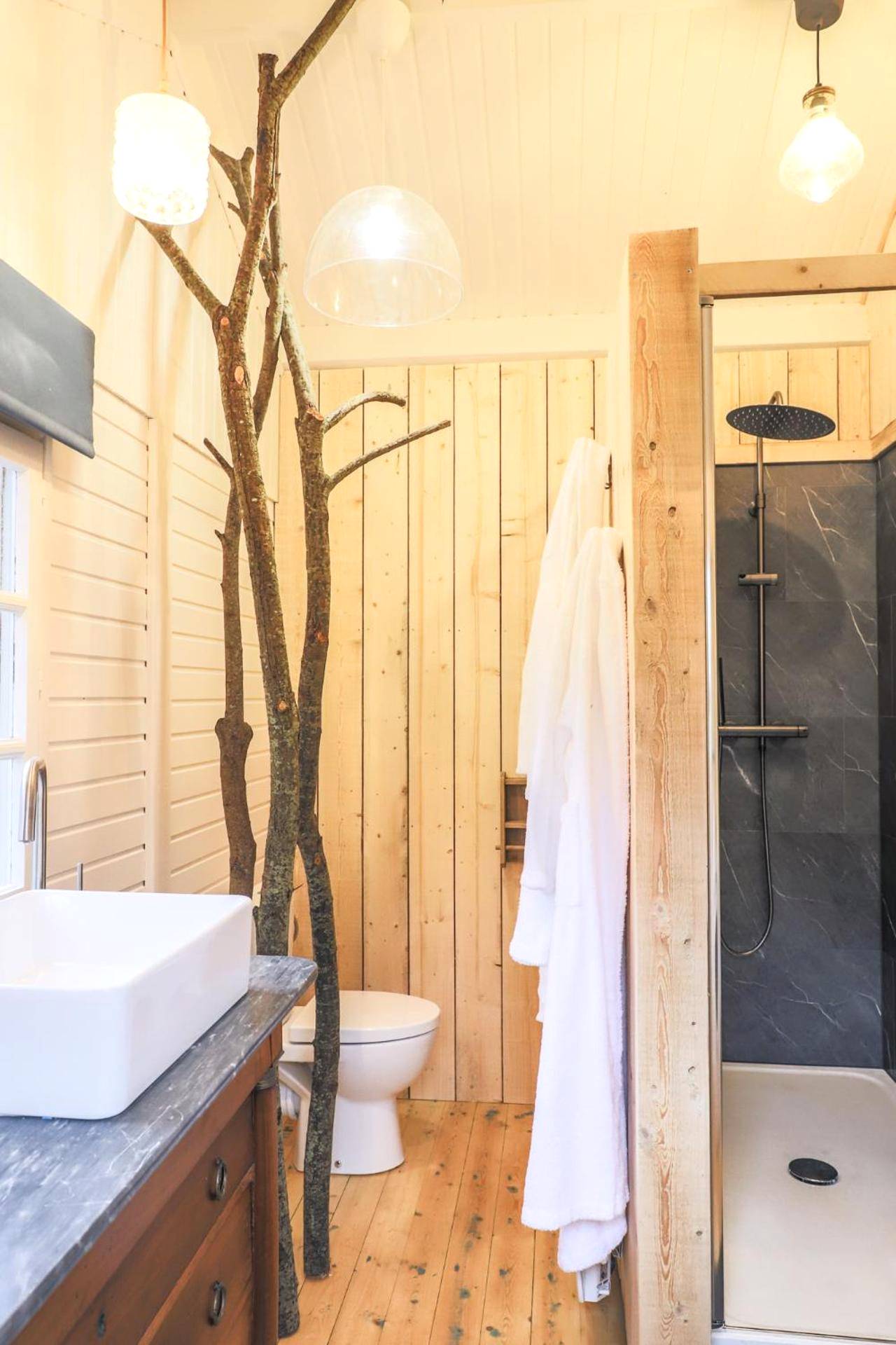 Salle d'eau avec douche à l'italienne et bois - Chalet Nature & Spa