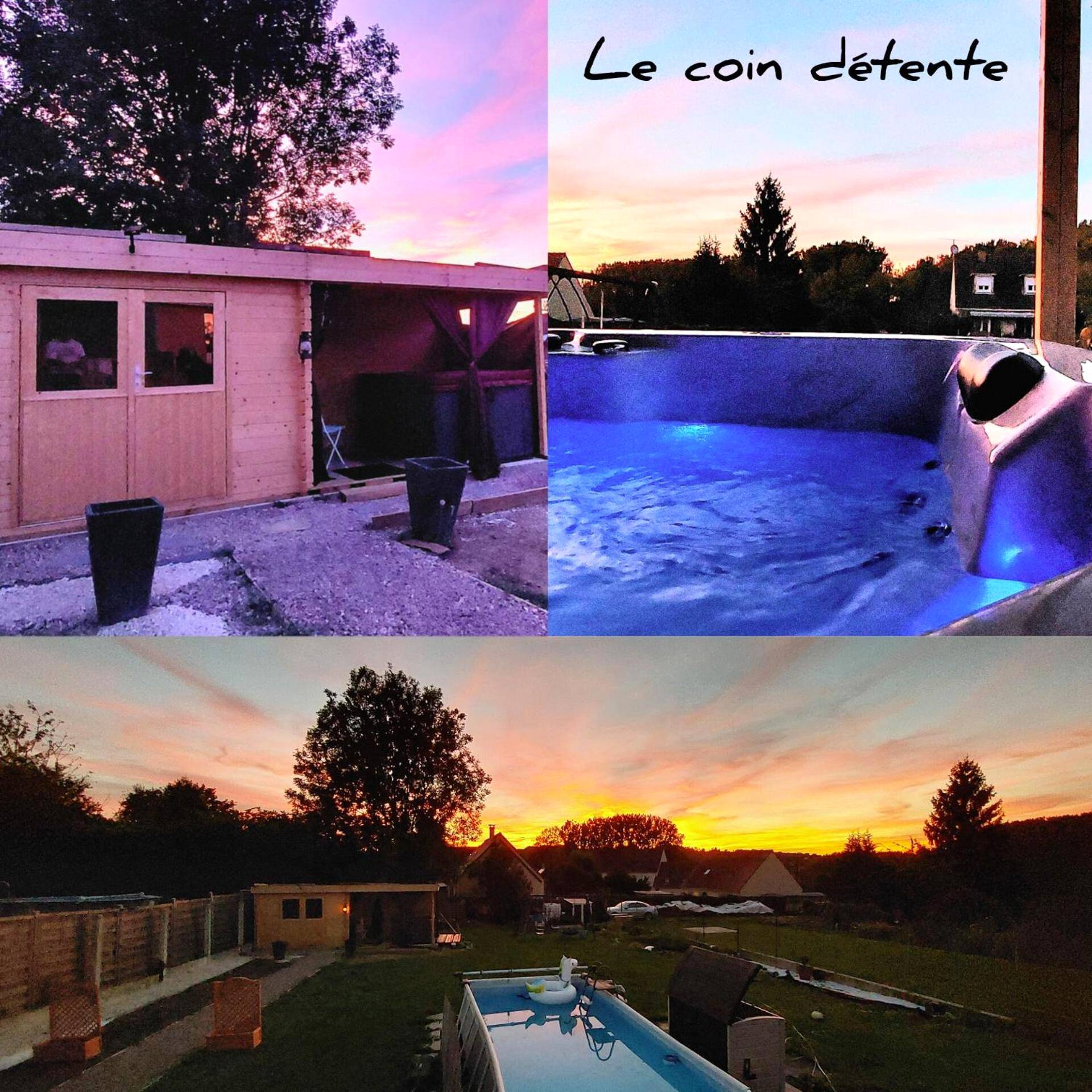 Vue du logement avec piscine et spa au coucher - La chambre secrète des sorciers