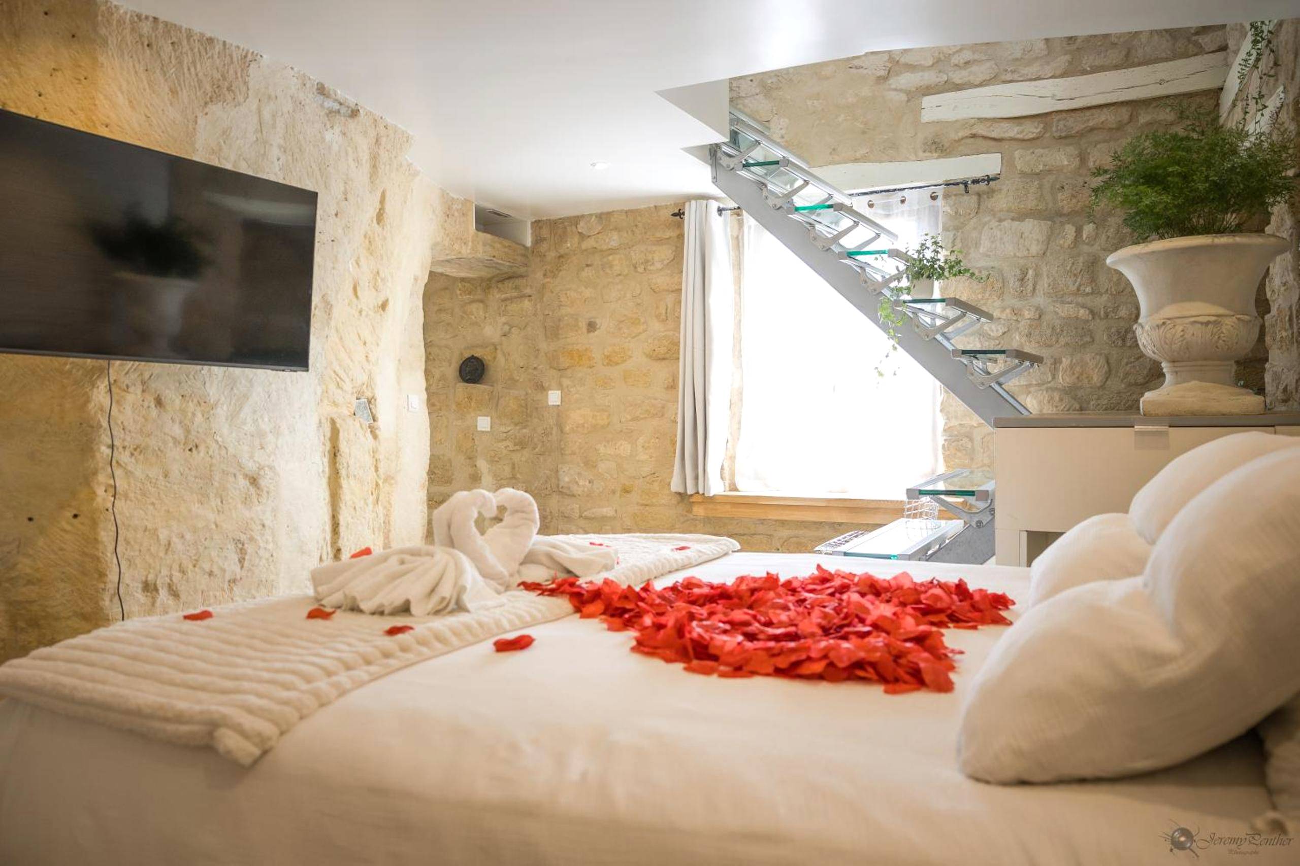 Chambre avec murs en pierre et écran plat - Chez Millouz - Triplex semi - troglodyte