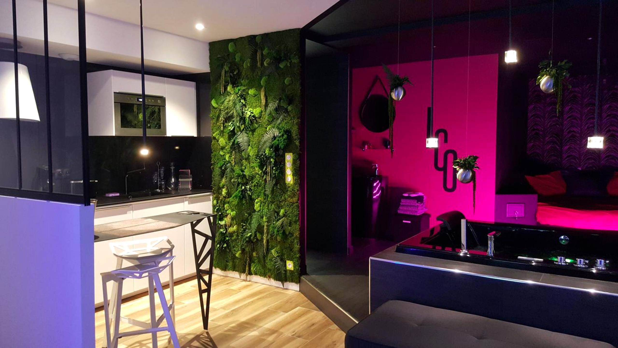 Cuisine équipée et mur végétal - Le Clair Obscur