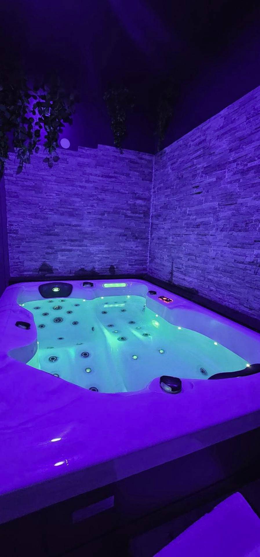 Jacuzzi privatif avec éclairage néon violet - Love Room Laon - Le Clos Maldier - Gîte Les Ecureuils