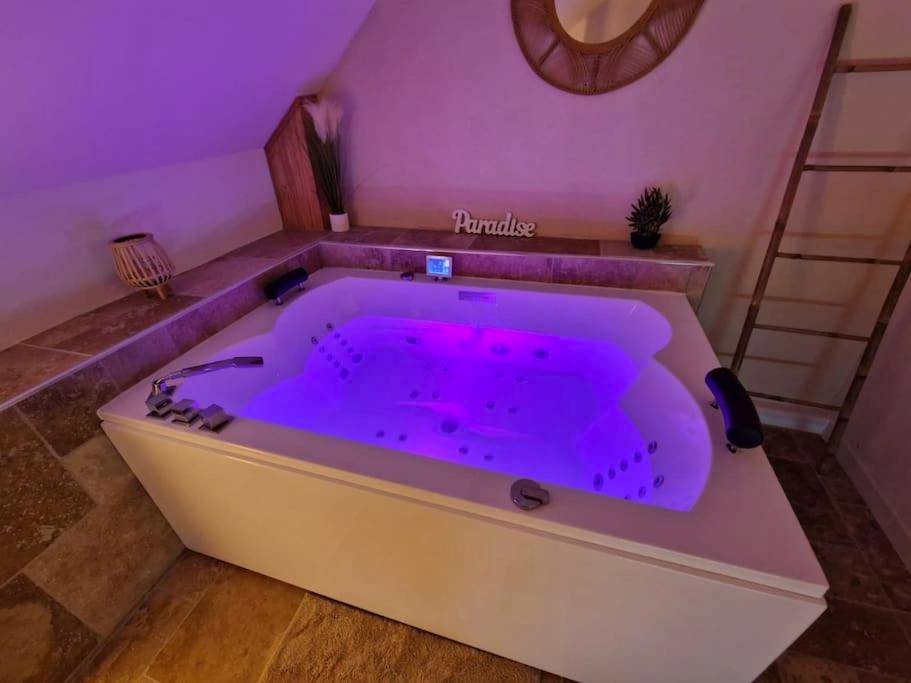 Jacuzzi privatif avec éclairage néon violet - Love Room La Saulsotte - Cocon Champêtre