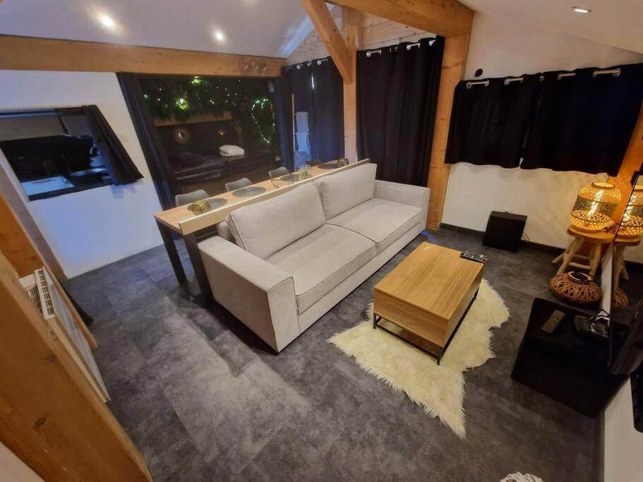 Salon avec canapé gris et table basse en bois - Cocon tout confort spa privatif