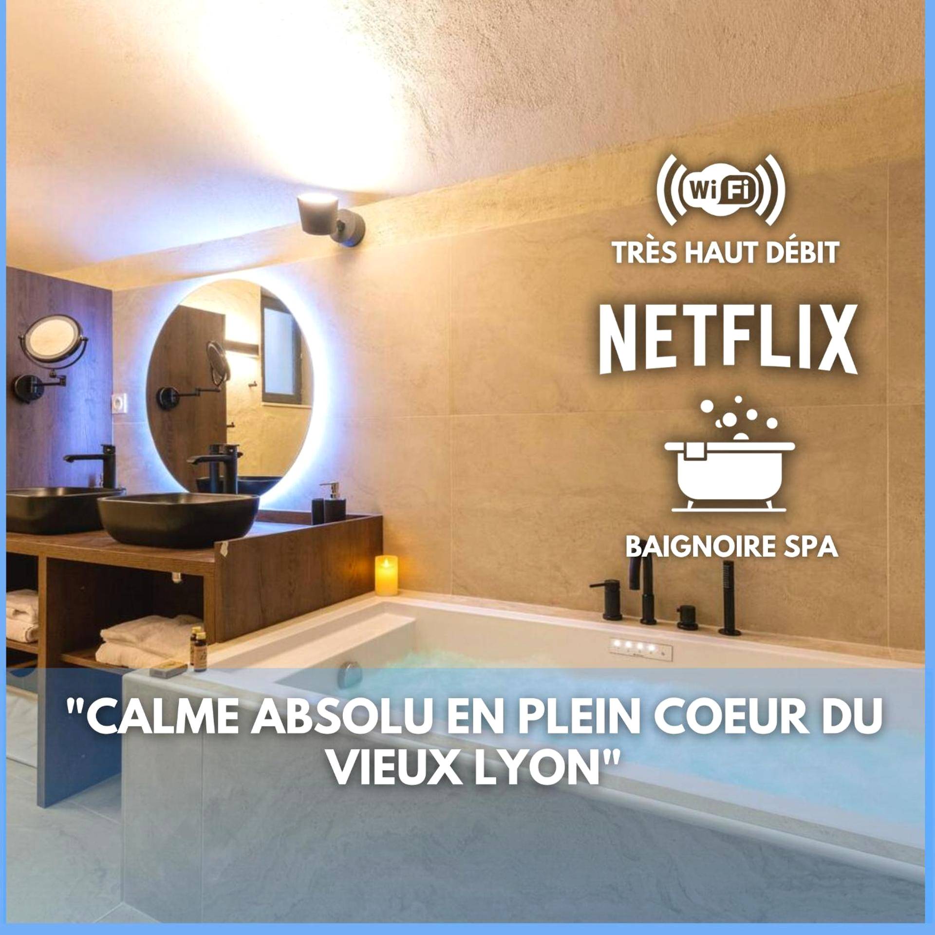 Baignoire spa et miroir rétroéclairé - Love Room Lyon - Cocoon du vieux Lyon - Luxury apartment - Balneo