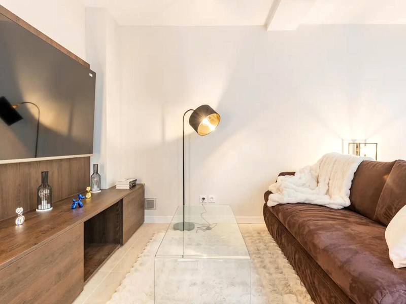 Salon avec canapé en velours et grand écran TV - Cocoon du vieux Lyon - Luxury apartment - Balneo