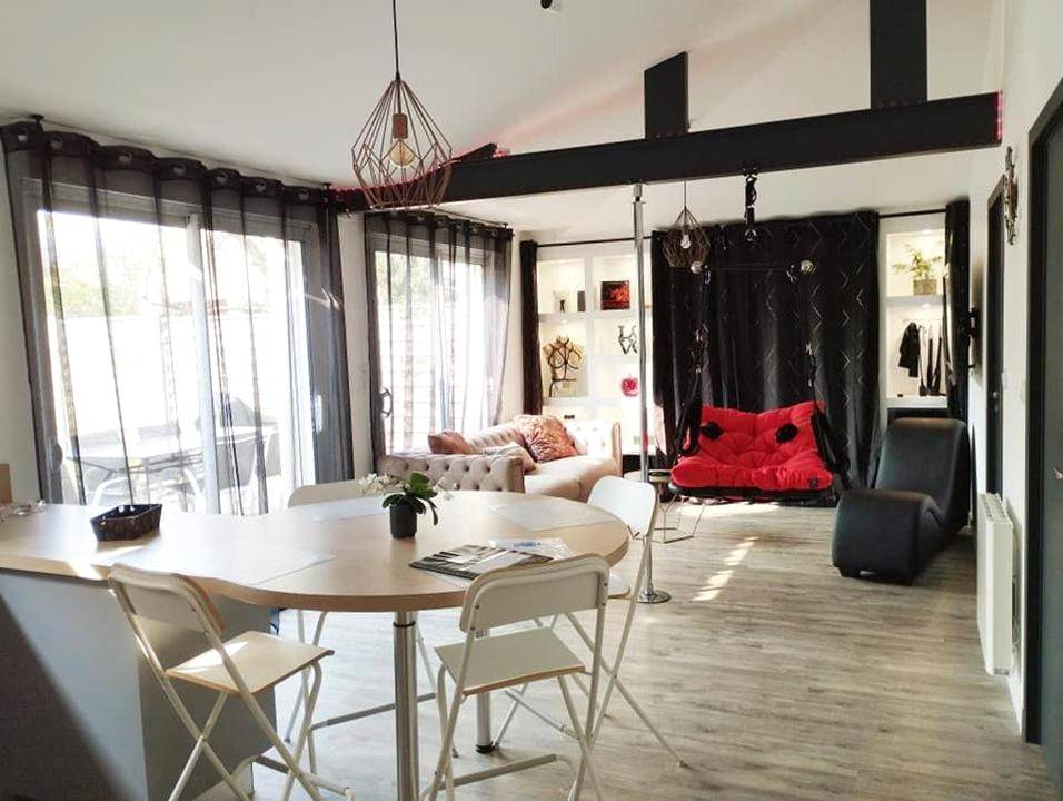 Espace de vie avec balançoire et barre de pole - Gîte romantique avec SPA cœur à corps 44