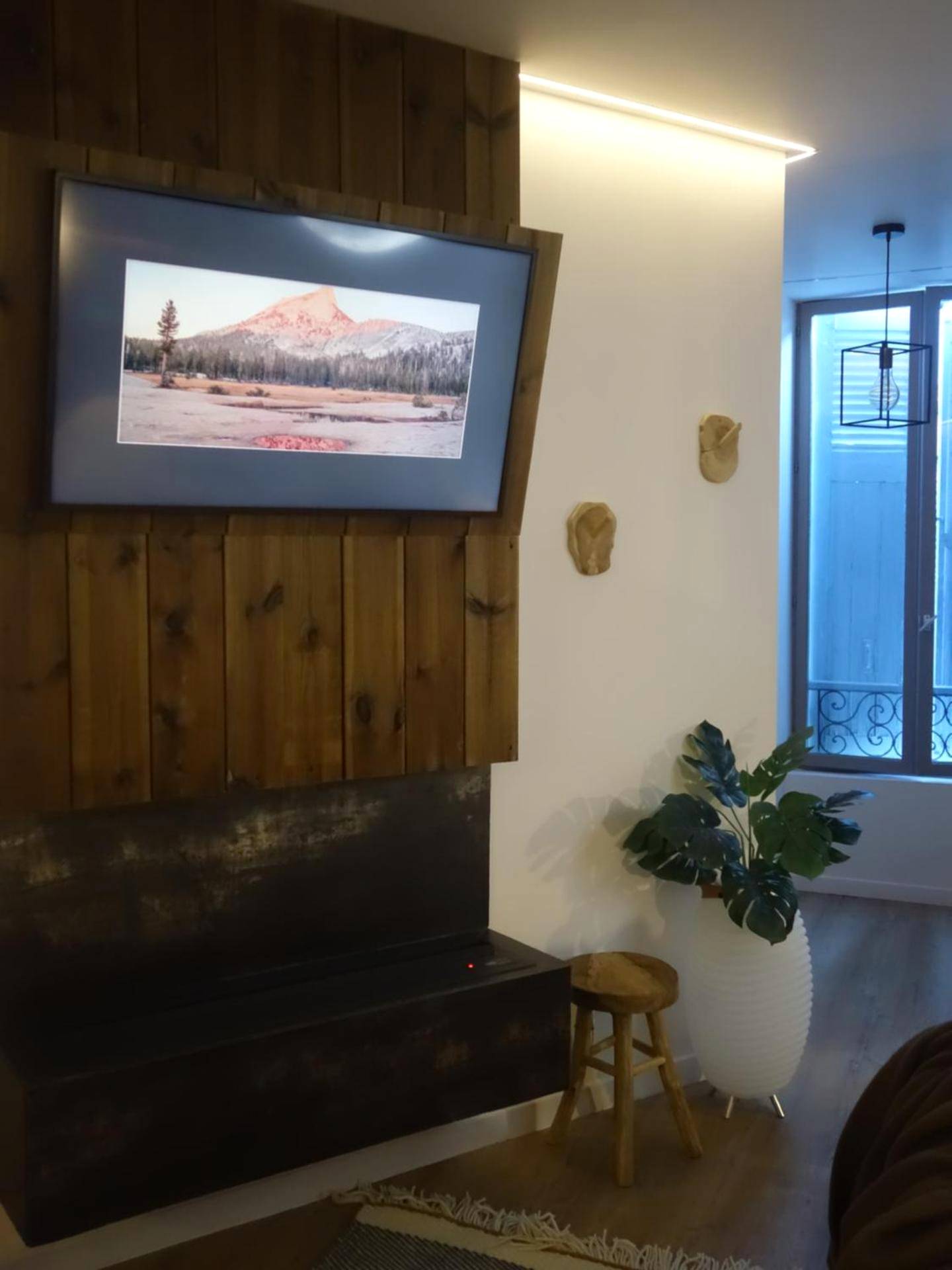 Écran plat sur mur en bois et décoration zen - Cœur de vie « La bulle »