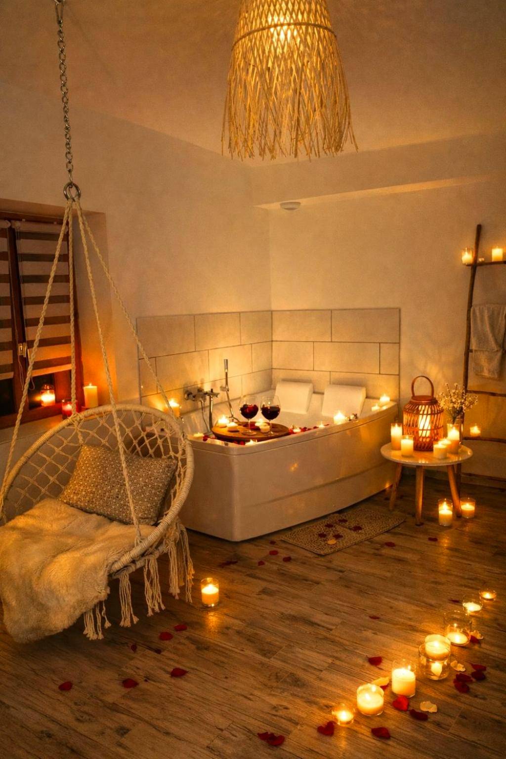 Baignoire balnéo entourée de bougies - Love Room Tannay - Cottage Interieur Spa classé 4 étoiles - balnéo et sauna privatif