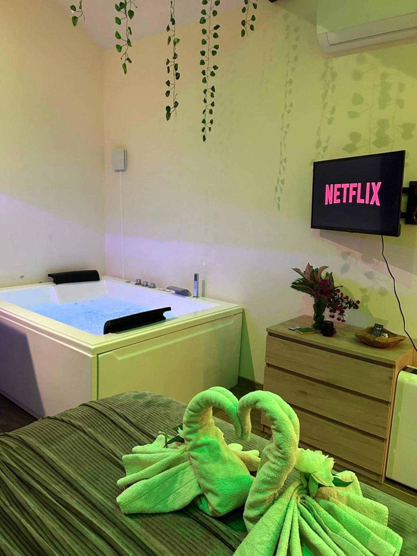 Jacuzzi privatif avec éclairage LED vert - Détente au bord de Forêt avec Spa Balnéo et Sauna PRIVÉ