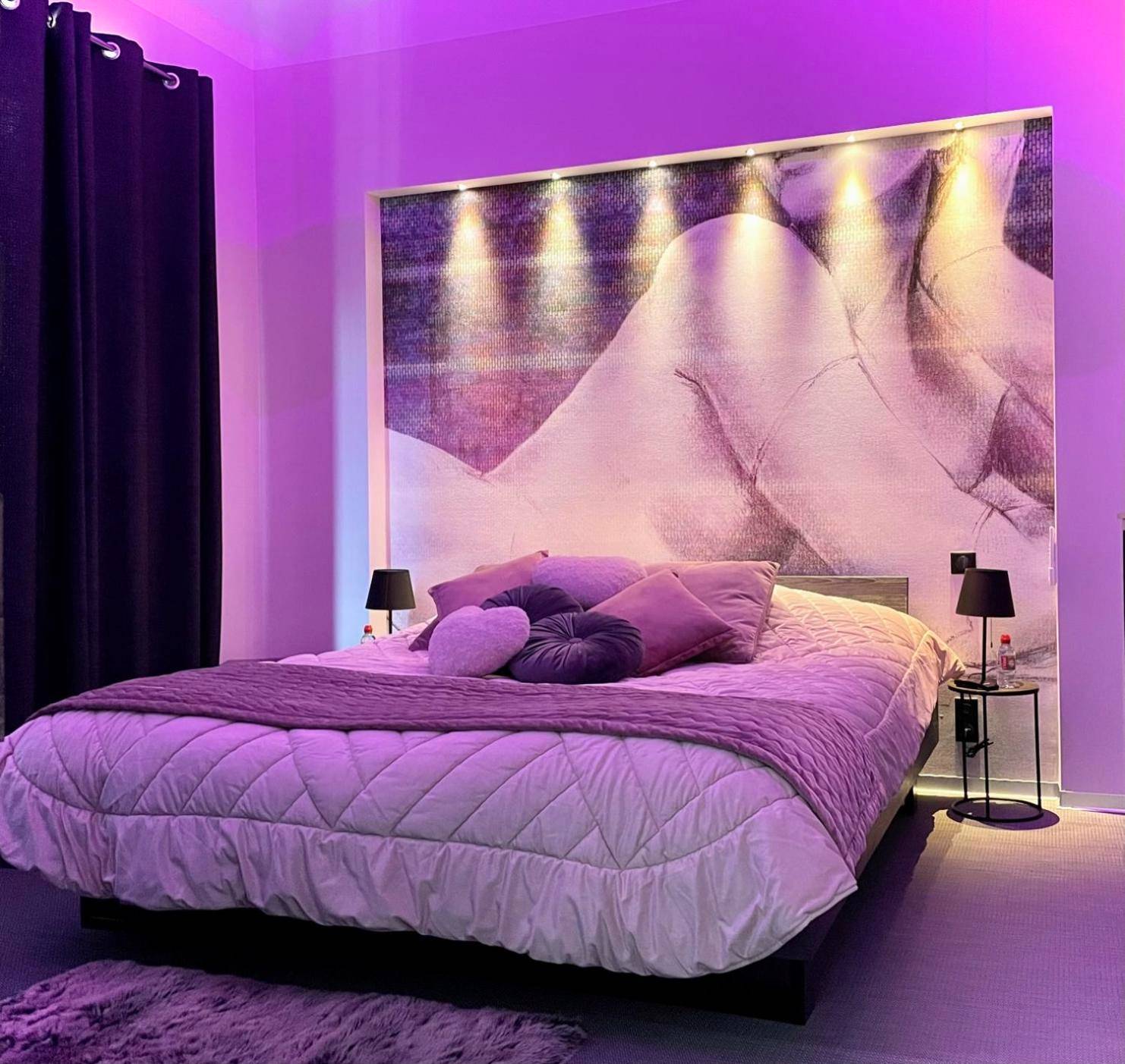 Lit double avec éclairage néon violet - Domaine de l'Angélique - Loft avec SPA privatif - Marais poitevin entre Niort et...