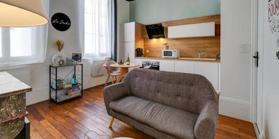 Salon avec canapé gris et cuisine ouverte - Le Duché - Séjour romantique avec balnéo privative - Dijon centre