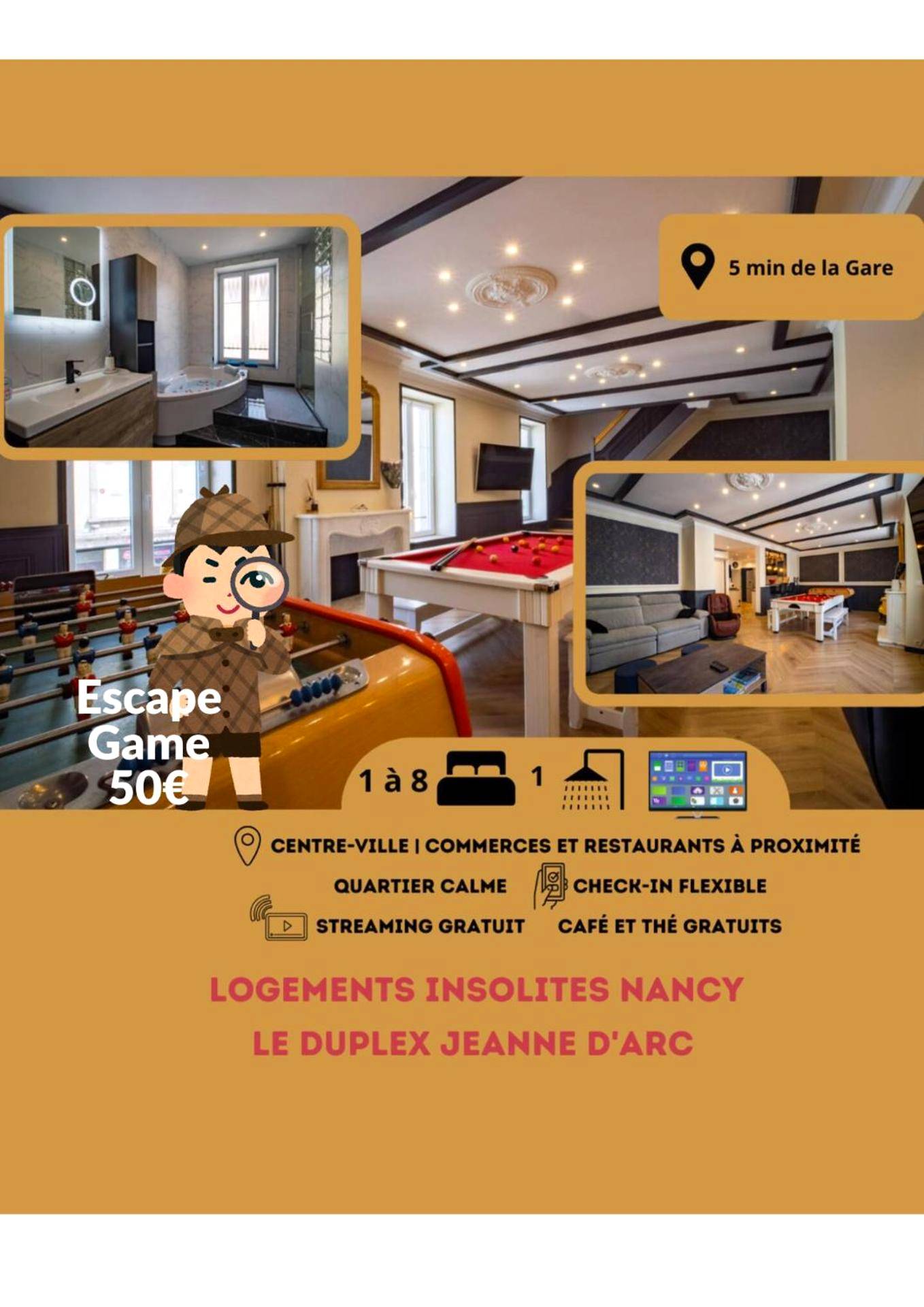 Salon avec billard et baby - foot - Love Room Nancy - Duplex Jeanne d'Arc Billard Baby en option Escape Game Logements...