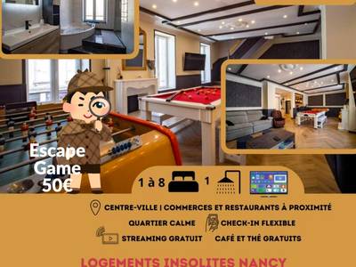 Salon avec billard et baby - foot - Love Room Nancy - Duplex Jeanne d'Arc Billard Baby en option Escape Game Logements...