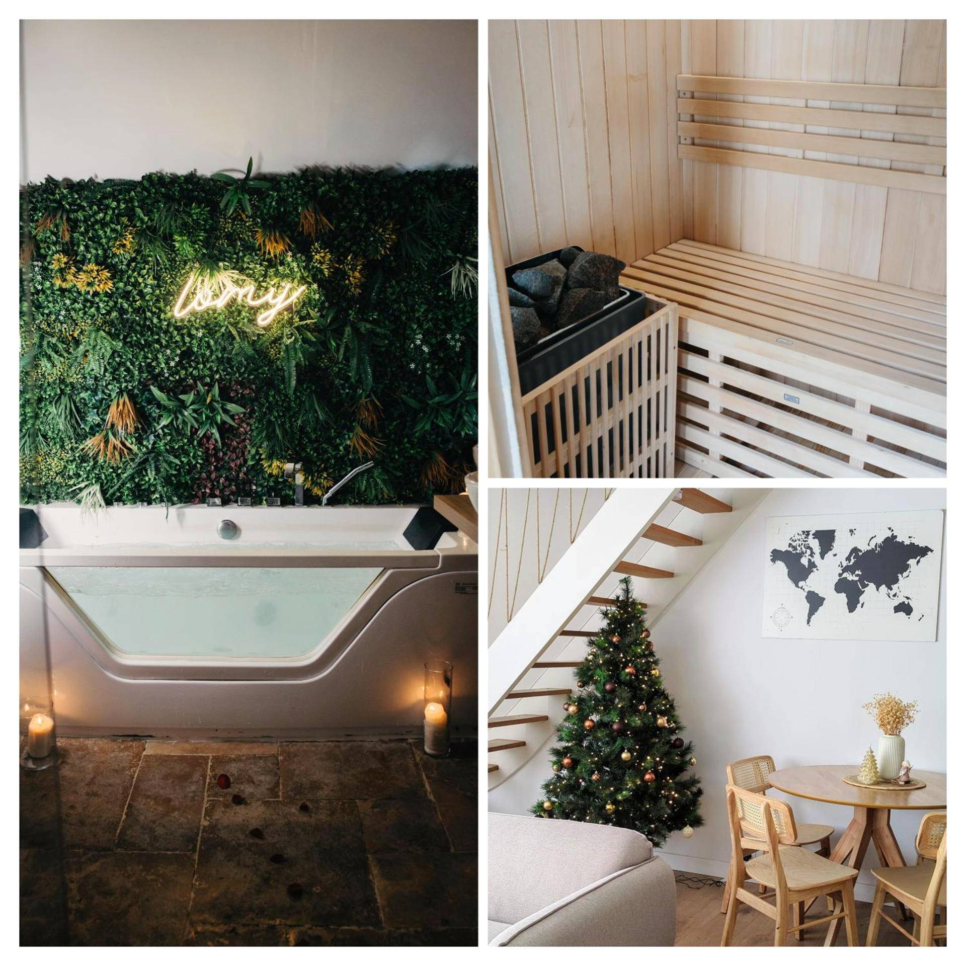 Baignoire balnéo avec mur végétal et néon - Love Room Pléneuf - Val - André - Nid du Val - Duplex Lomy vue sur le port...