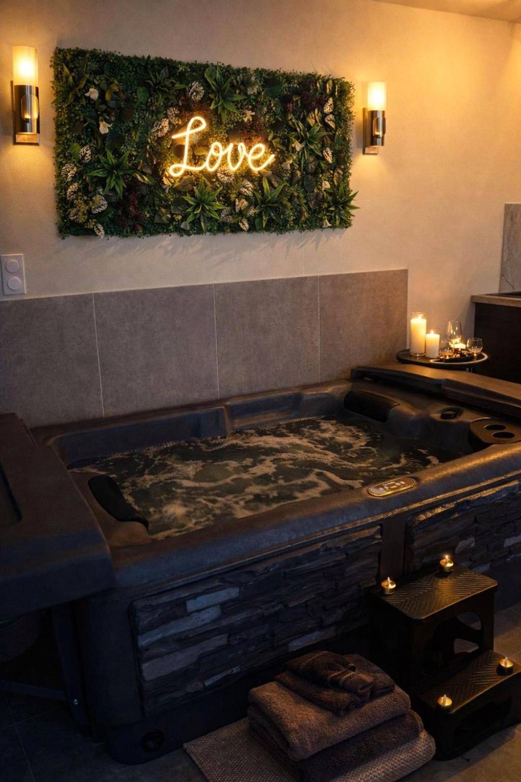 Jacuzzi privatif sous un mur végétal lumineux - Eden House, Cocon sensuel et romantique avec jacuzzi
